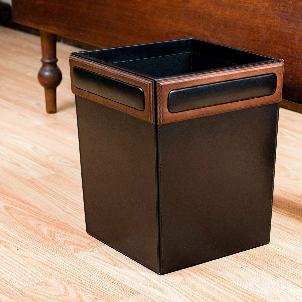 Dacasso Walnut & Leather Waste Basket