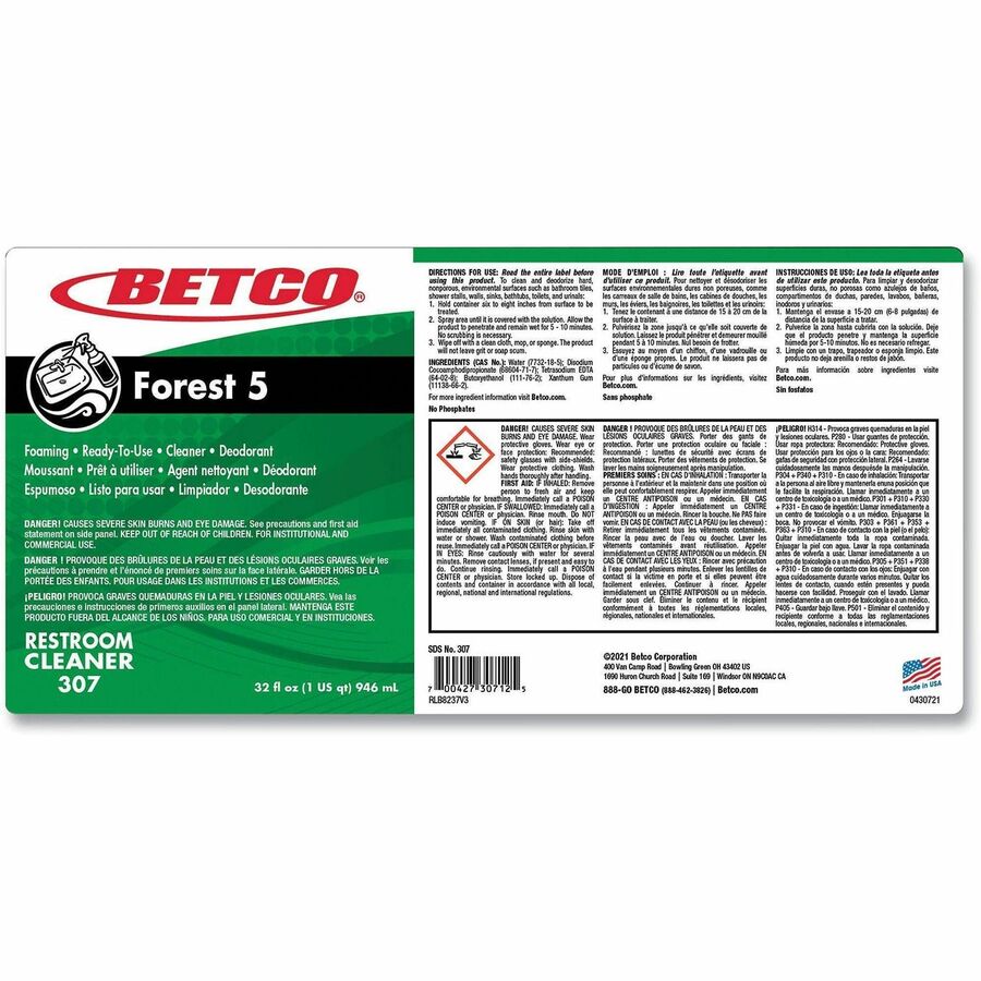 Betco Forest 5 Foaming Cleaner, Mint, 32 Oz, Straw, Pack Of 12 Bottles
