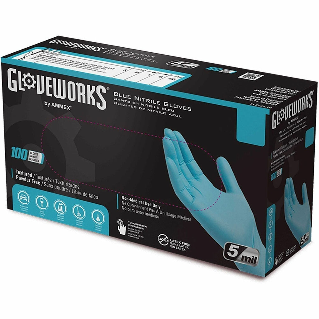 Ammex Gloveworks Blue Nitrile PF Ind SM Gloves