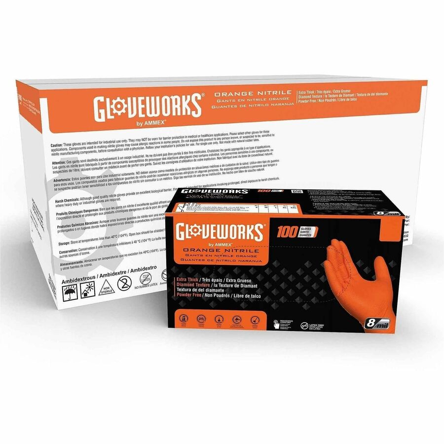 Gloveworks Industrial Orange Raised Diamond Texture Nitrile Disposable Gloves