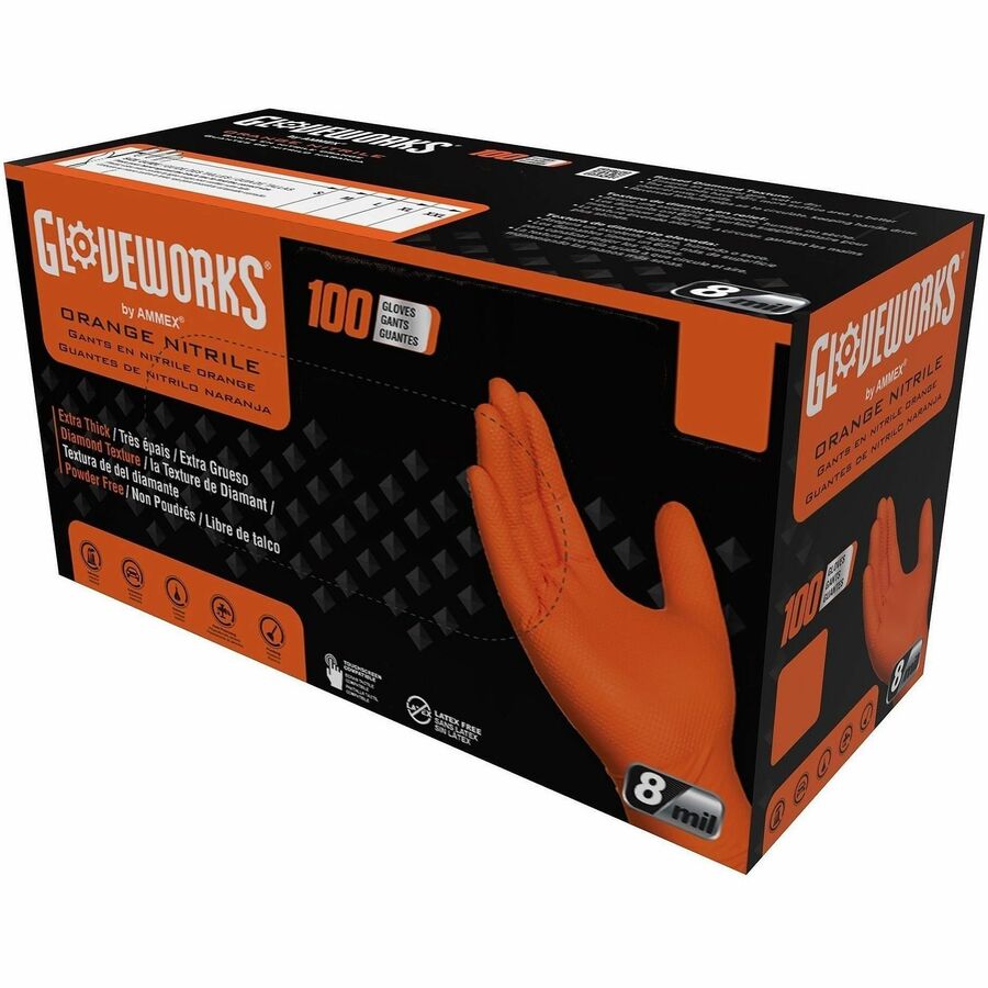Gloveworks Industrial Orange Raised Diamond Texture Nitrile Disposable Gloves