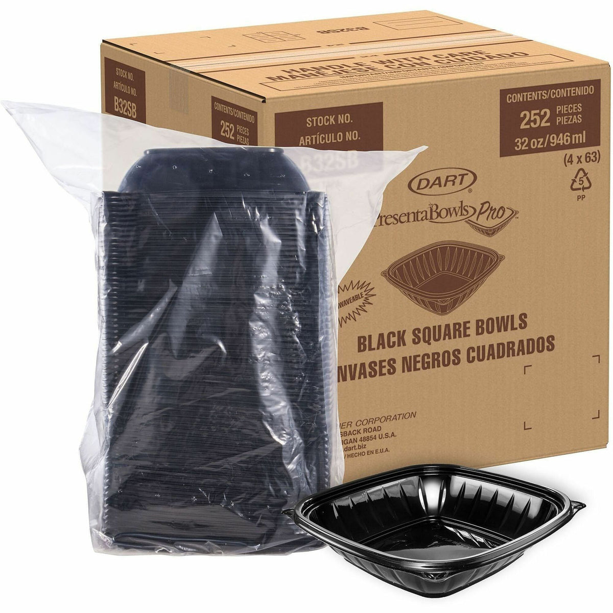 Dart 32 oz (946 ml) Square PP Bowl - Black