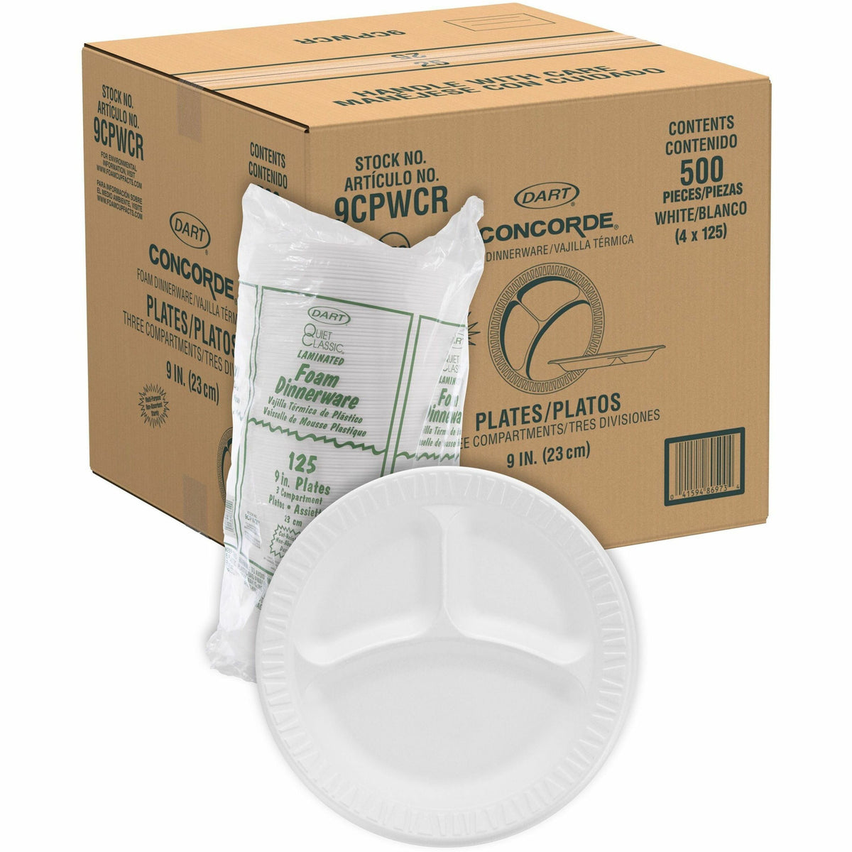 Dart Concorde 9" Nonlaminated Foam 3-Compartment Plates