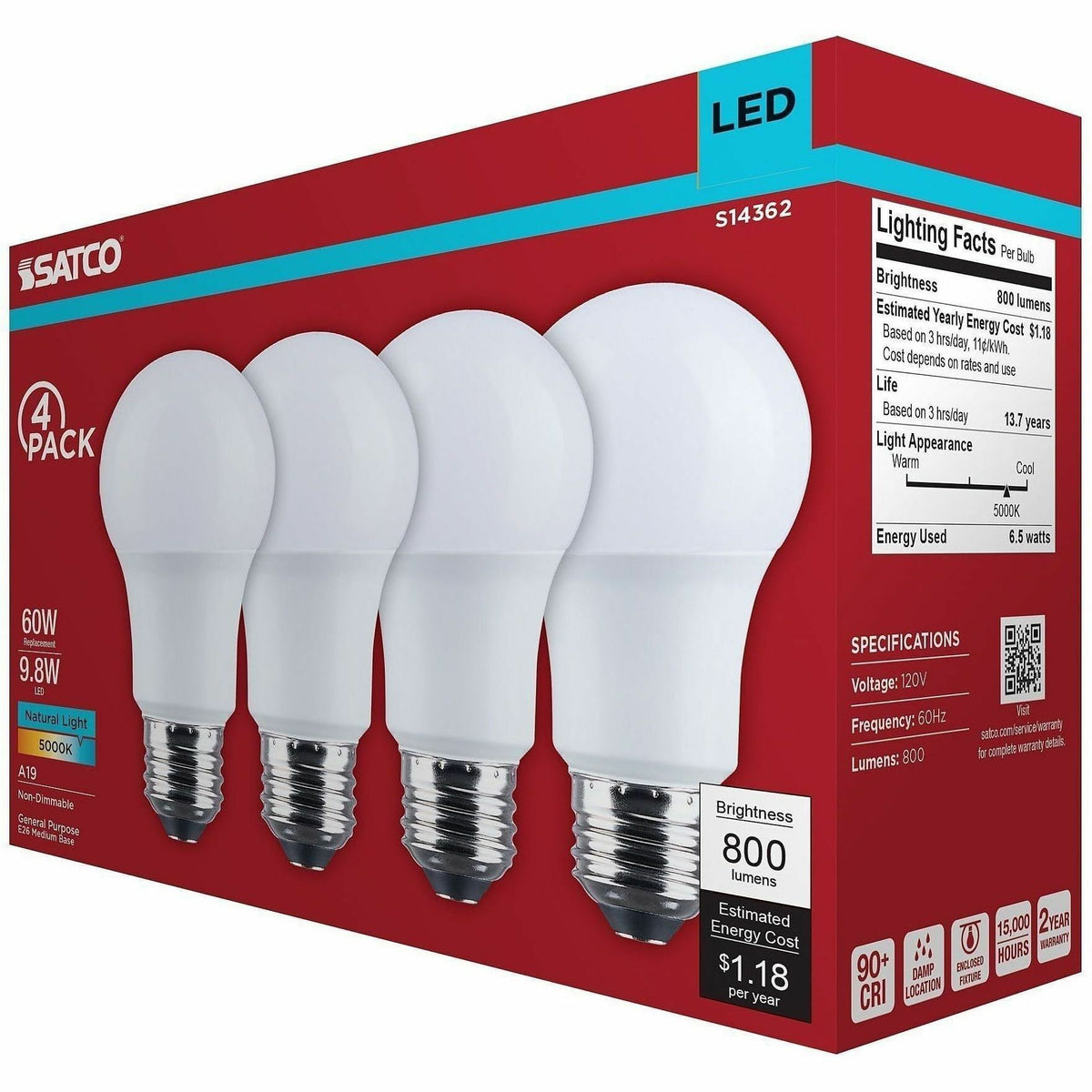 Satco 9.8W A19 LED Frosted Bulbs