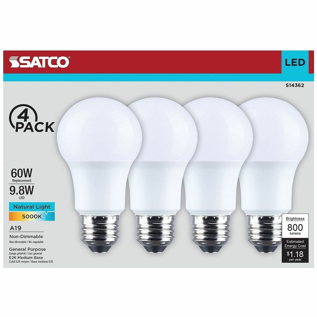 Satco 9.8W A19 LED Frosted Bulbs