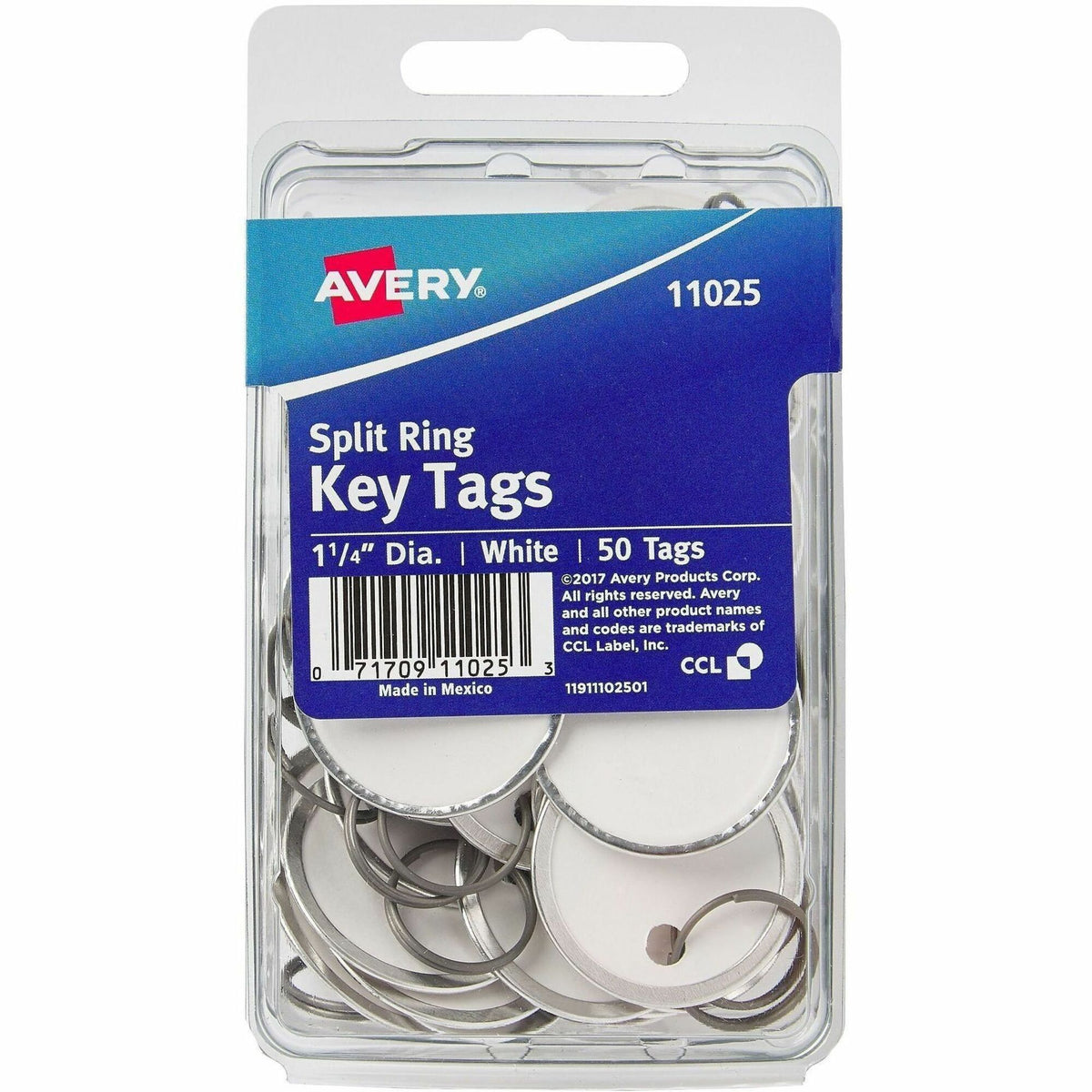 Avery® 1-1/4" Metal Rim Key Tags, Split Ring, White, 50 Tags (11025)