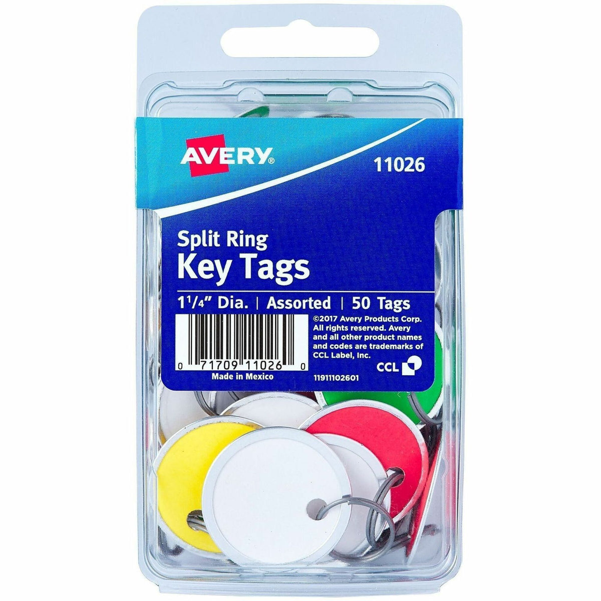 Avery® 1-1/4" Key Tags, Split Ring, Assorted Colors, 50 Tags (11026)