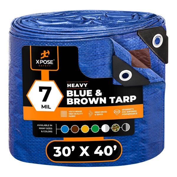 X-Pose Heavy-Duty Poly Tarp 30' x 40', 7 mil, Blue/Brown Reversible