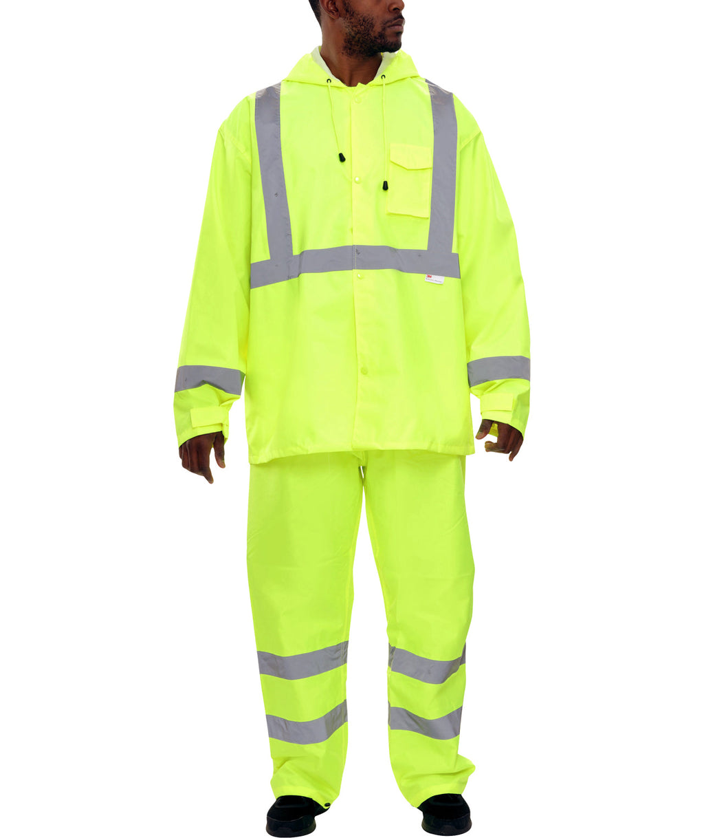Reflective Apparel Hi-Vis Waterproof Rainsuit, Hooded Jacket and Pants, ANSI Class 3, Lime