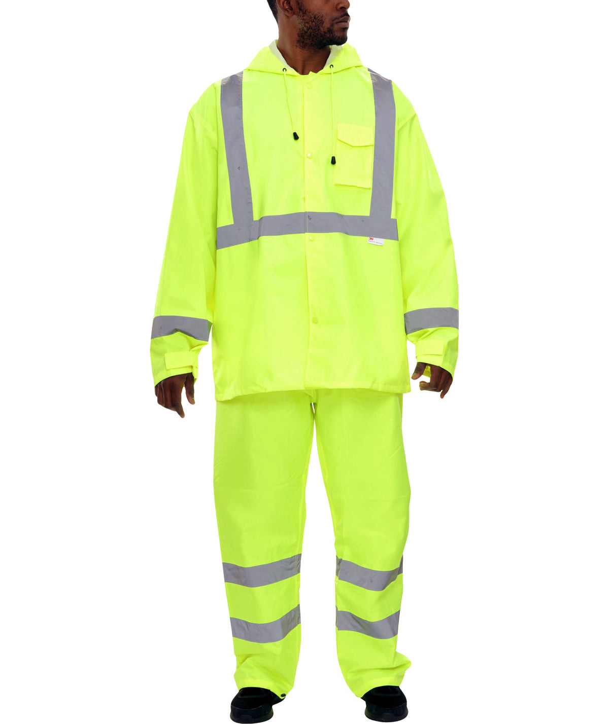 Reflective Apparel Hi-Vis Waterproof Rainsuit, Hooded Jacket and Pants, ANSI Class 3, Lime