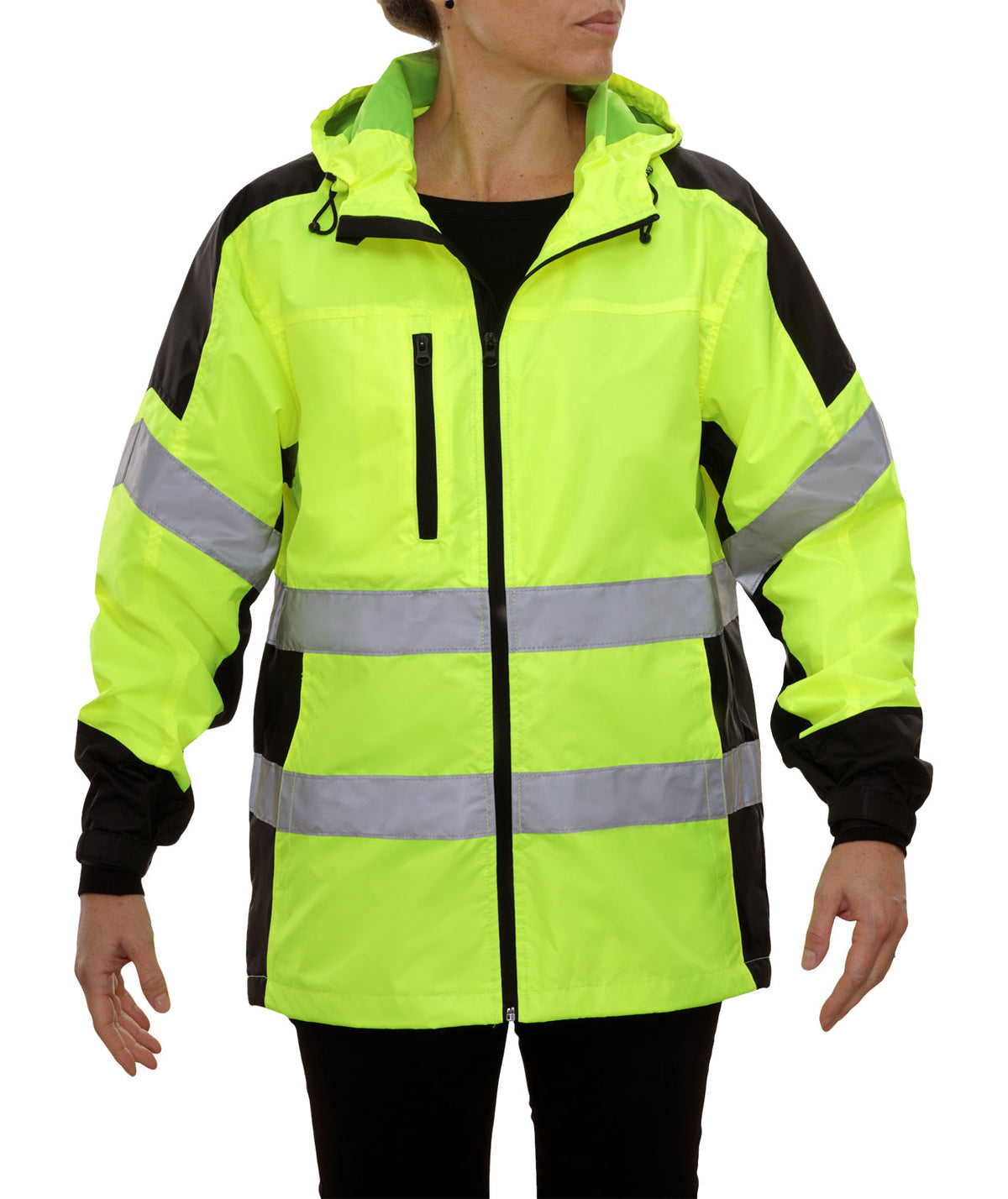Reflective Apparel Hi-Vis Two-Tone Hooded Windbreaker, Water Resistant, ANSI Class 2, Lime/Black