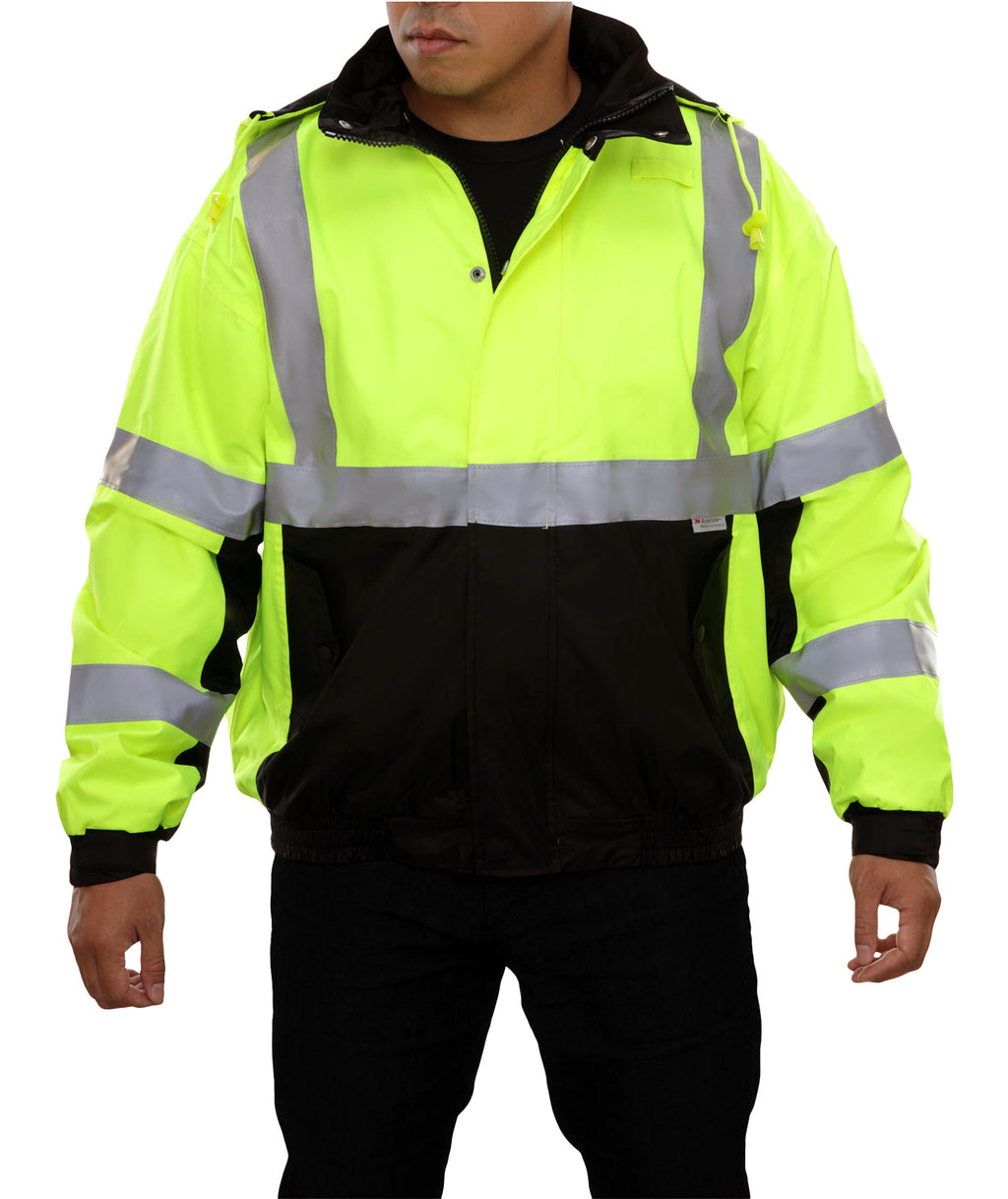 Reflective Apparel Hi-Vis Two-Tone Waterproof Hooded Bomber Jacket, ANSI Class 3, Lime/Black