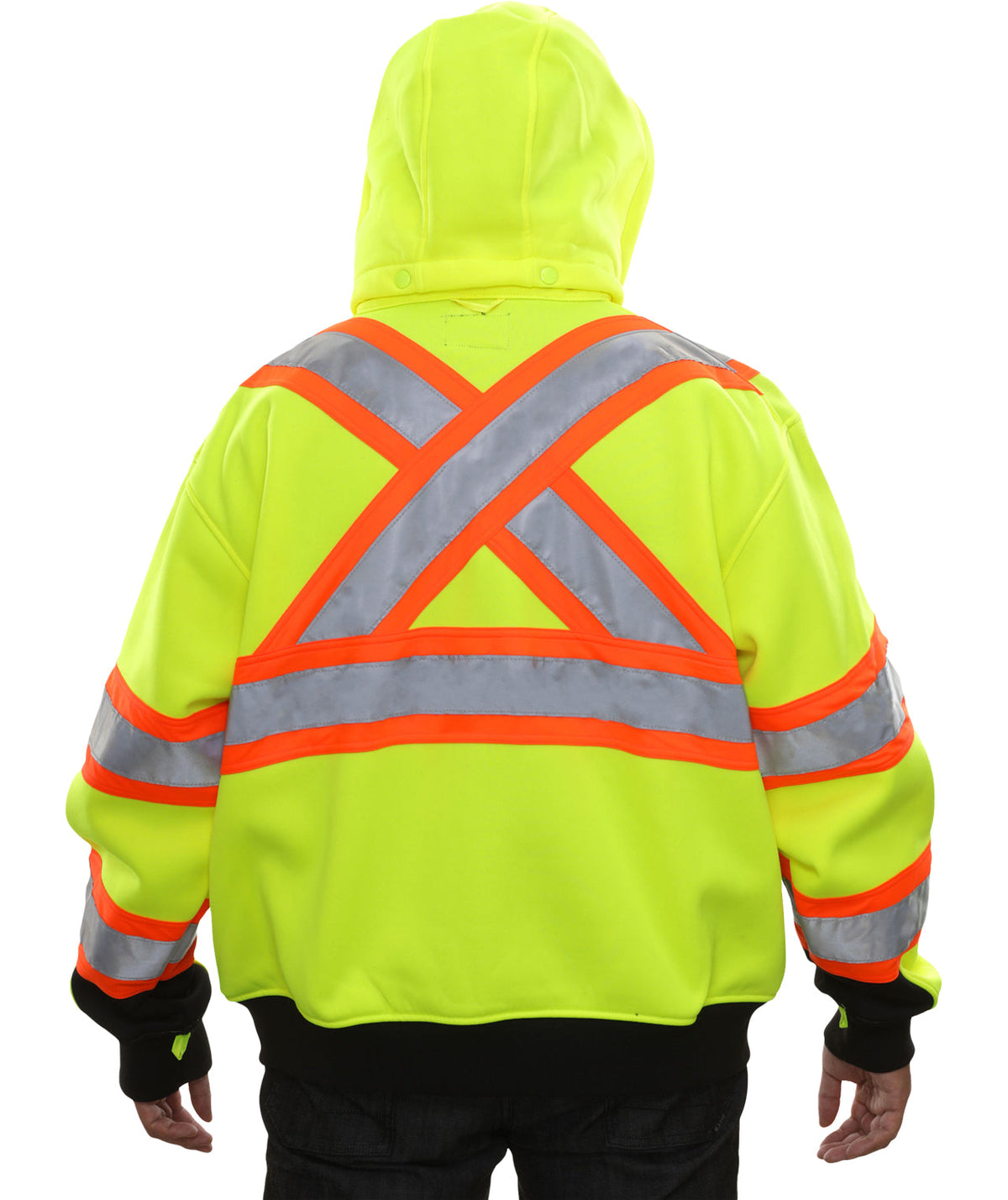 Reflective Apparel Hi-Vis X-Back Full Zip Safety Sweatshirt with Removable Hood, ANSI Class 3, Lime/Black view 2