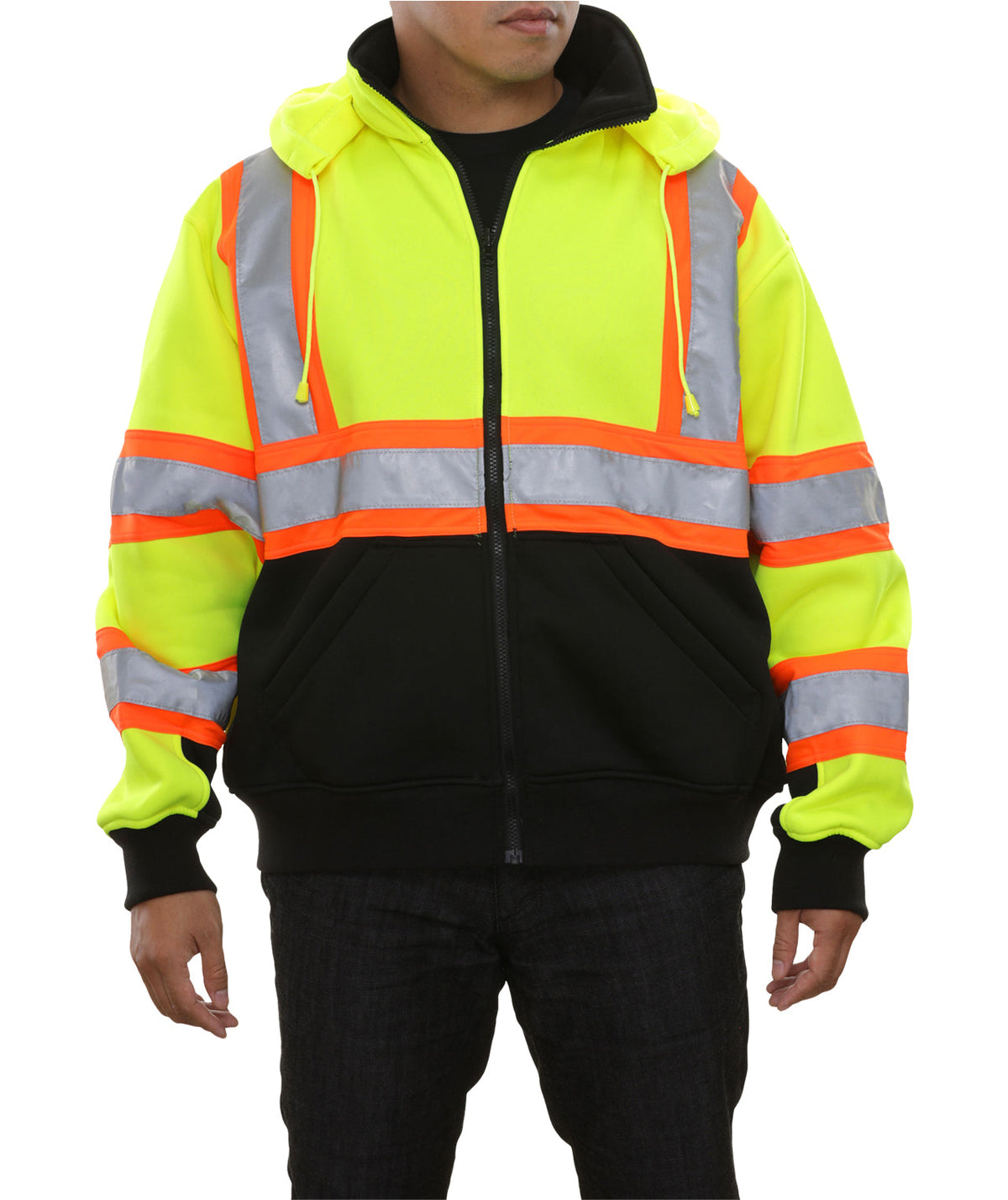 Reflective Apparel Hi-Vis X-Back Full Zip Safety Sweatshirt with Removable Hood, ANSI Class 3, Lime/Black