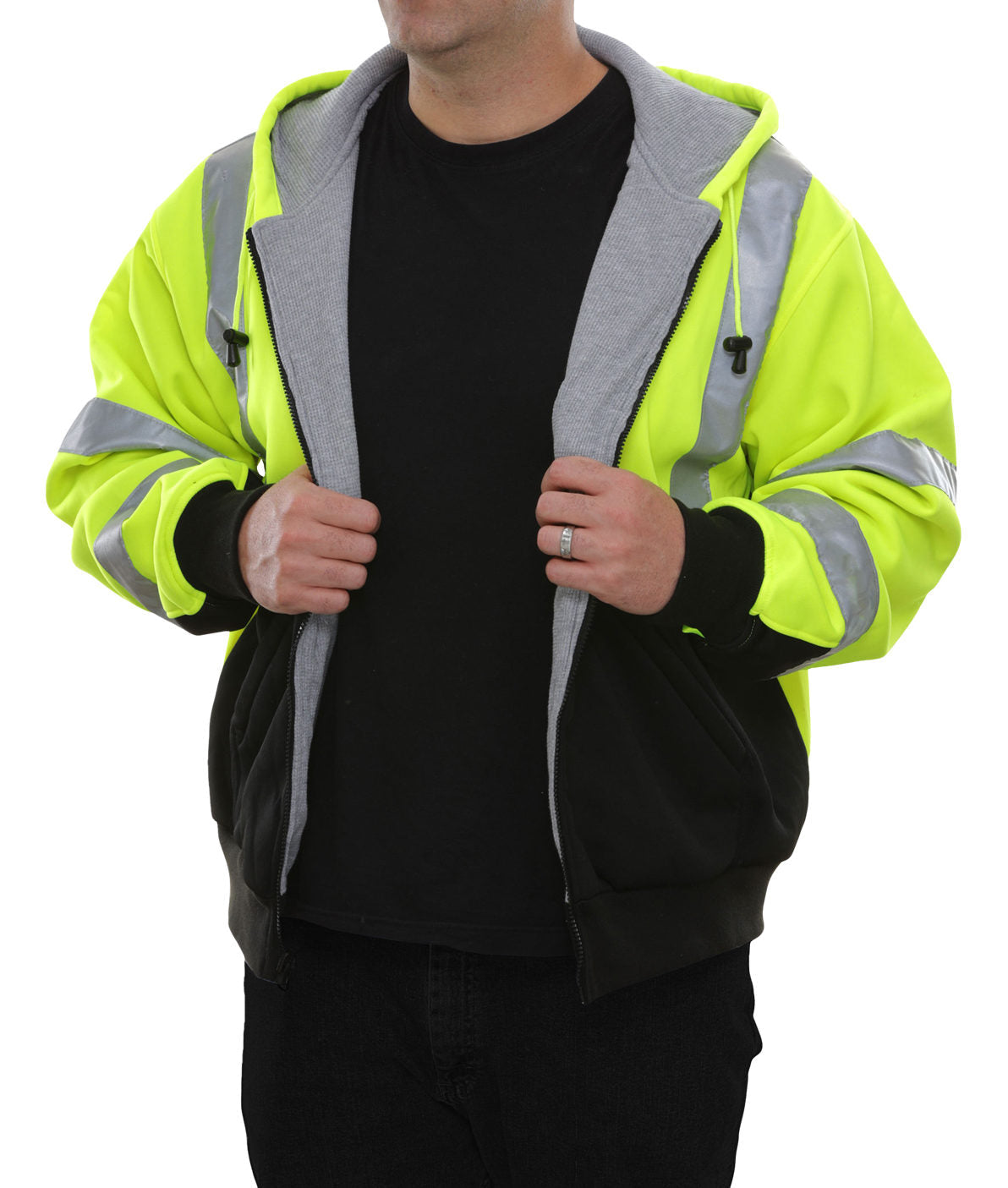 Reflective Apparel Hi-Vis X-Back Full Zip Safety Sweatshirt with Removable Hood, ANSI Class 3, Lime/Black view 3