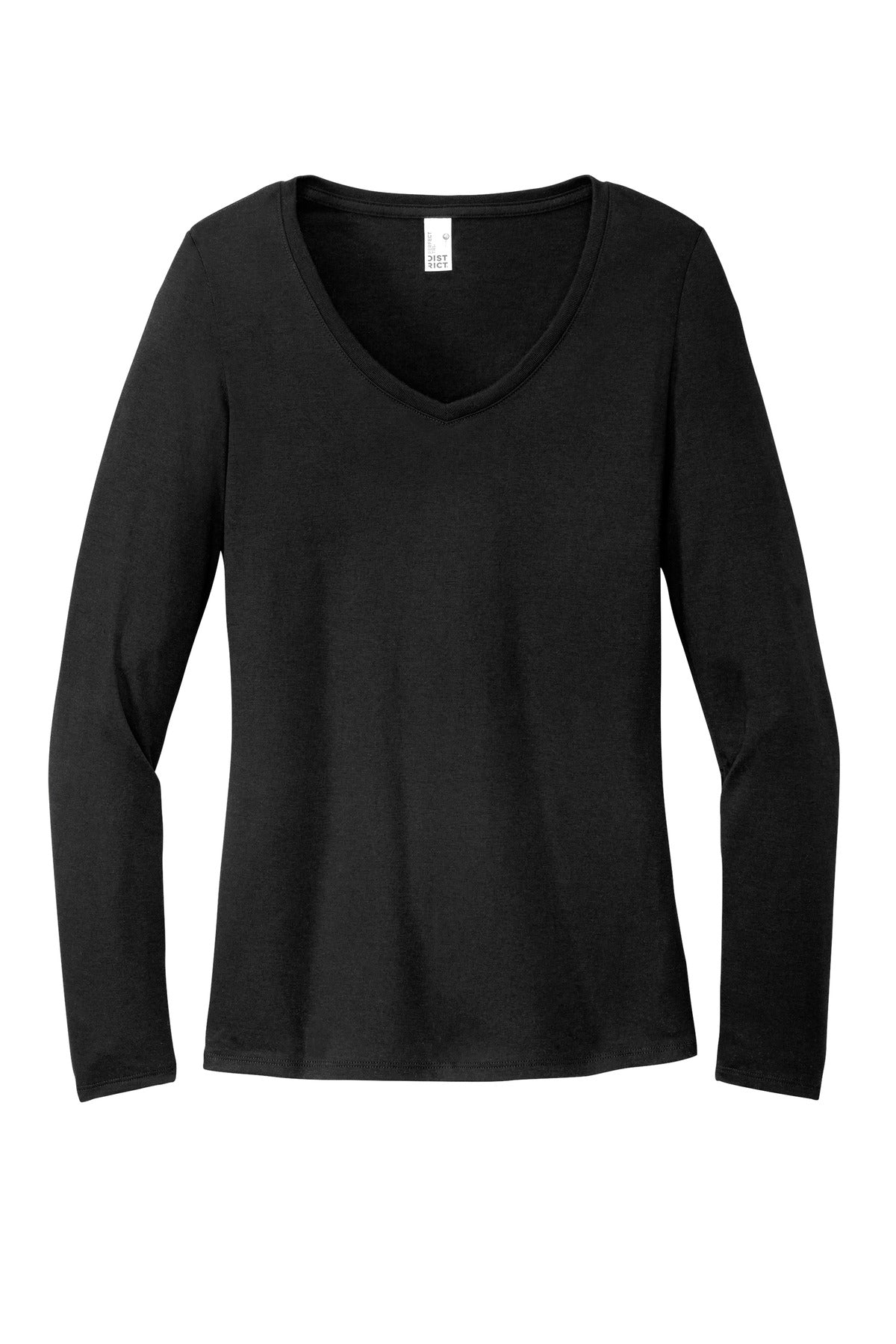 District Women's Perfect Tri Long Sleeve V-Neck Tee – Black – flat front