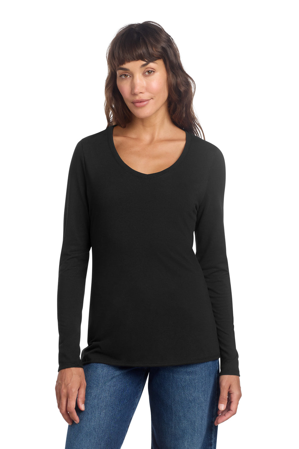 District Women's Perfect Tri Long Sleeve V-Neck Tee – Black – front