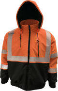 Reflective Apparel Hi-Vis ProDuck Bomber Jacket with Breakaway Hood, ANSI Class 3, Orange/Black