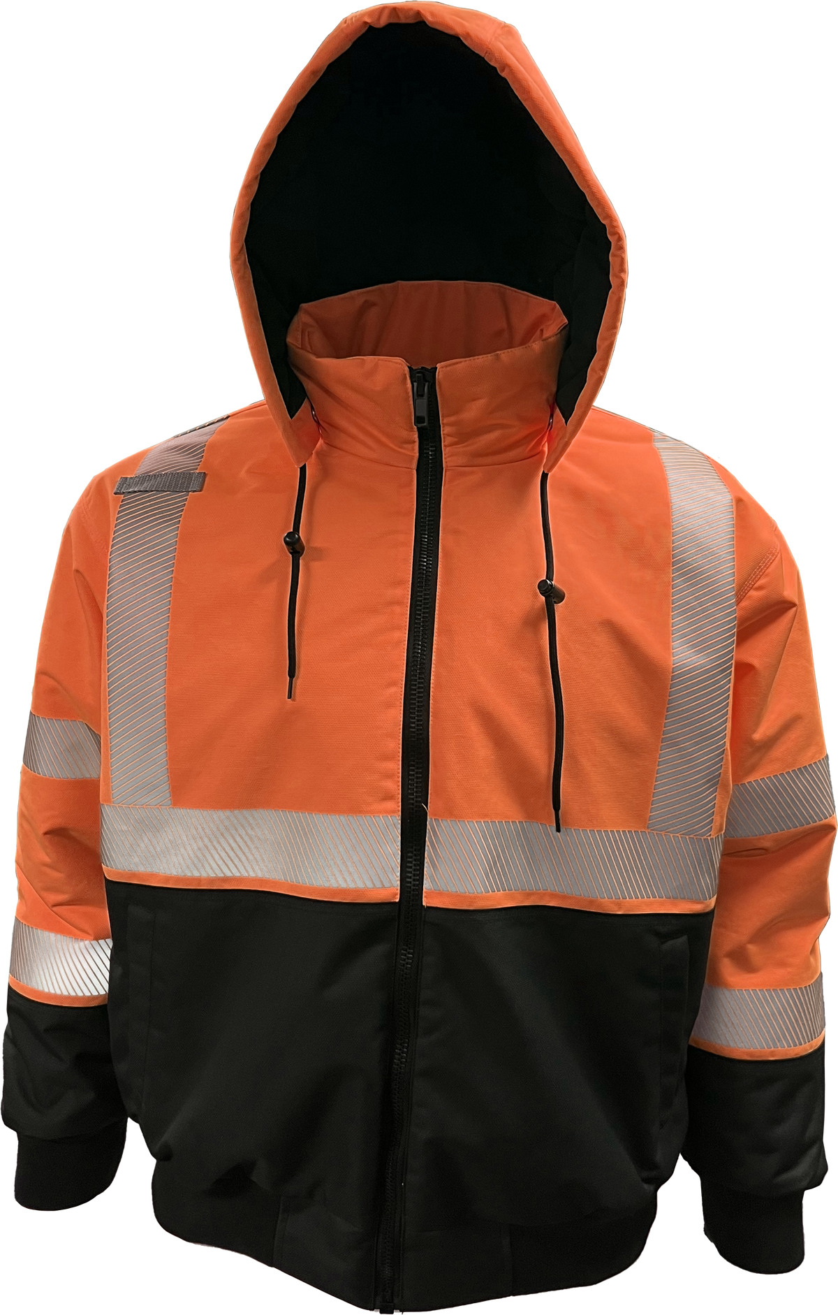 Reflective Apparel Hi-Vis ProDuck Bomber Jacket with Breakaway Hood, ANSI Class 3, Orange/Black