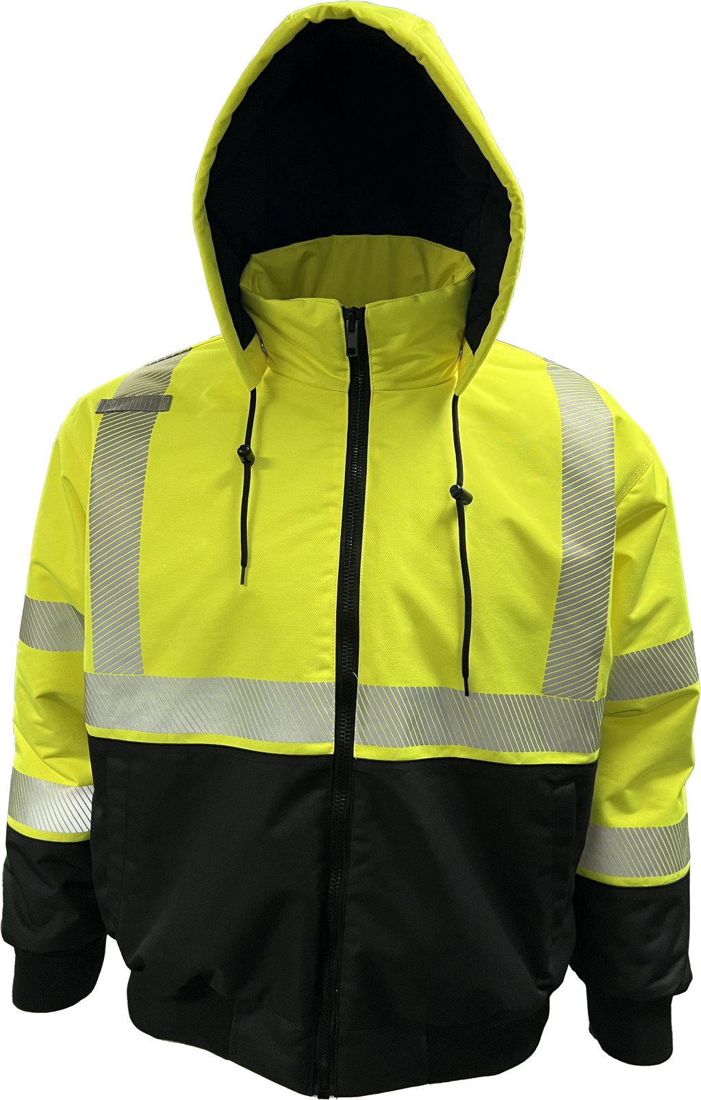 Reflective Apparel Hi-Vis ProDuck Bomber Jacket with Breakaway Hood, ANSI Class 3, Lime/Black