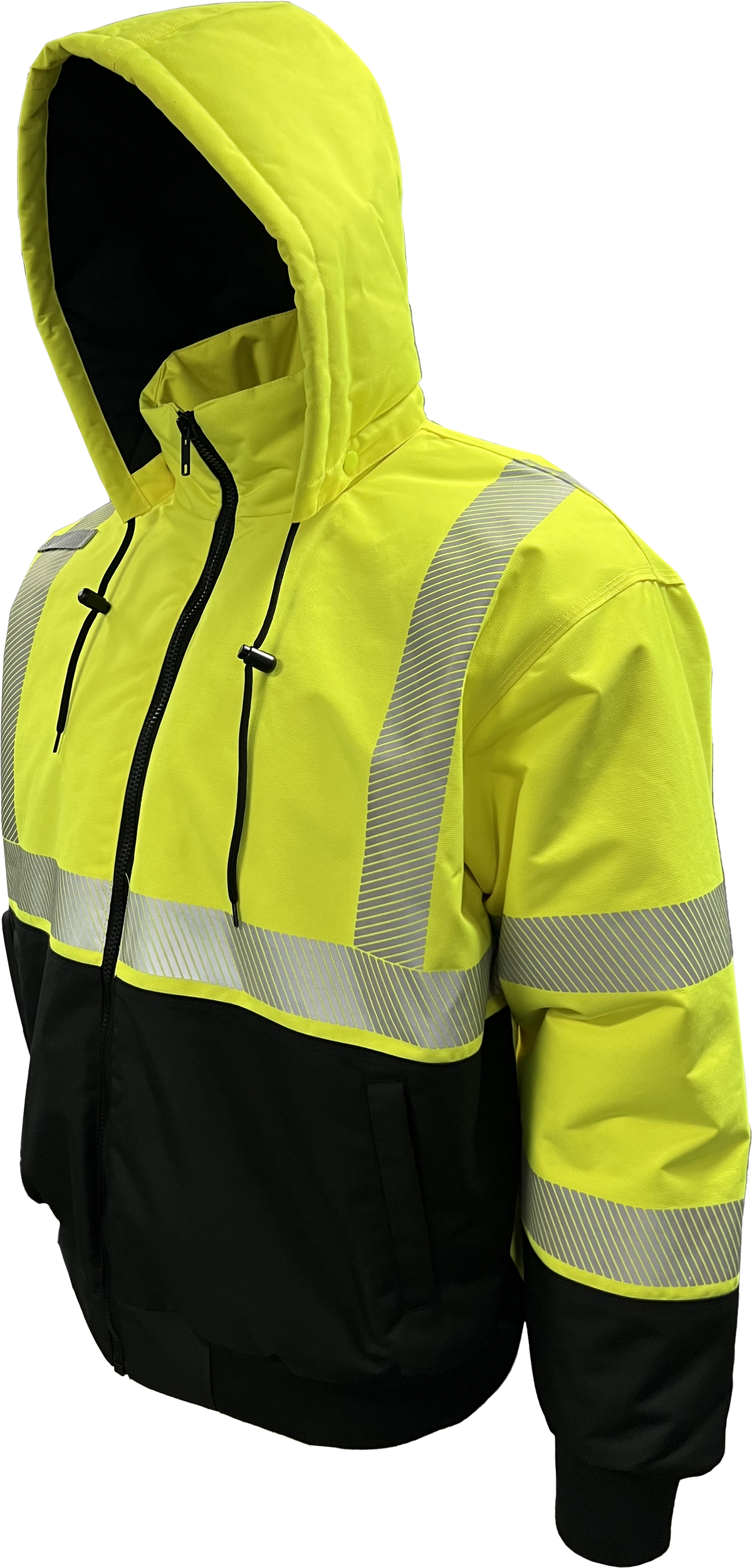 Reflective Apparel Hi-Vis ProDuck Bomber Jacket with Breakaway Hood, ANSI Class 3, Lime/Black view 3