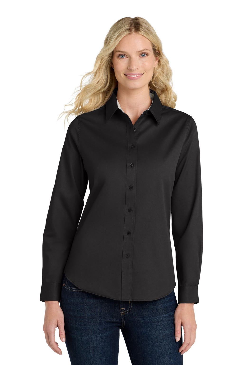 Port Authority Women's Long Sleeve Easy Care Shirt – Black/Light Stone – front