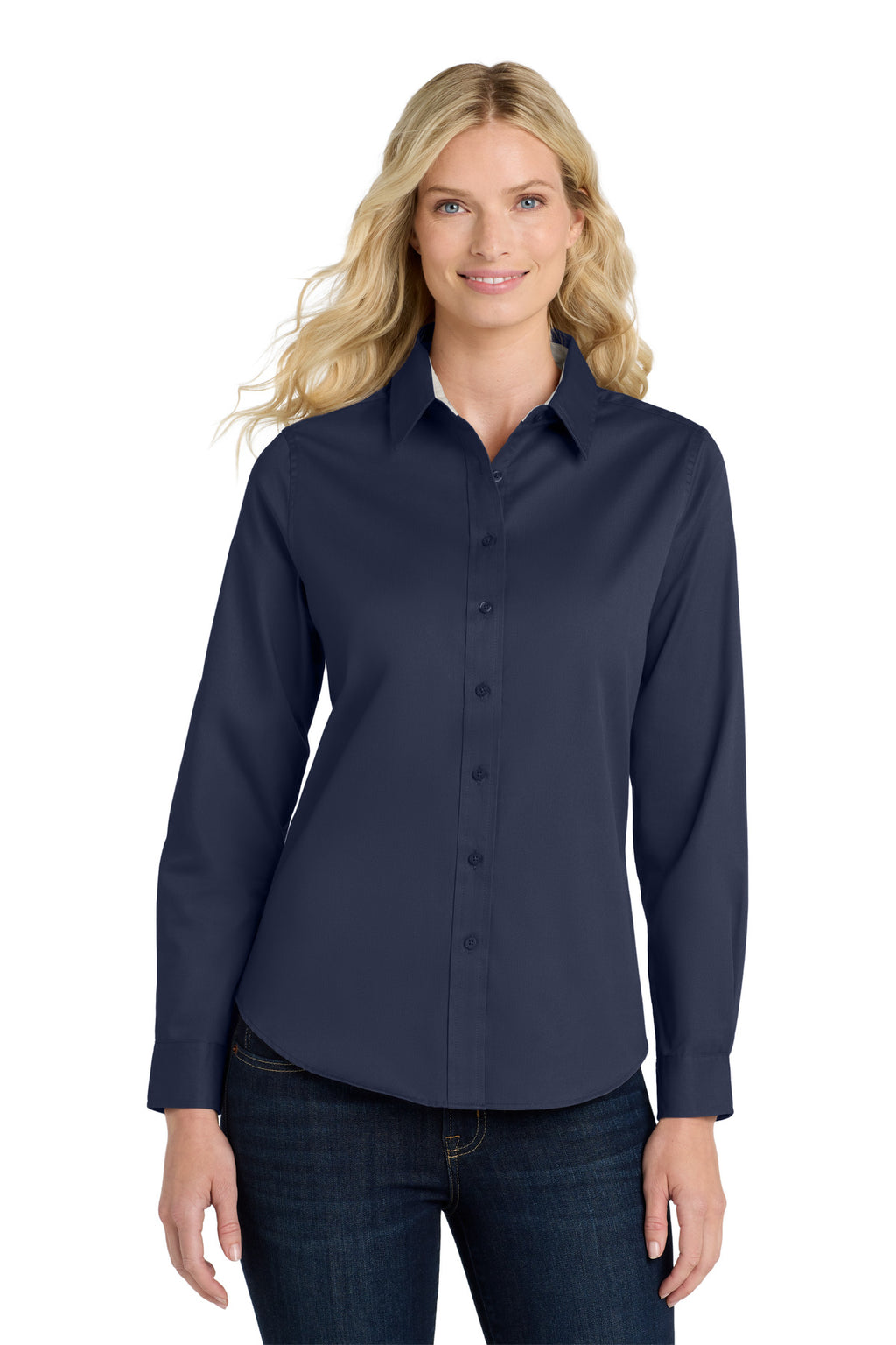 Port Authority Women's Long Sleeve Easy Care Shirt – Navy/Light Stone