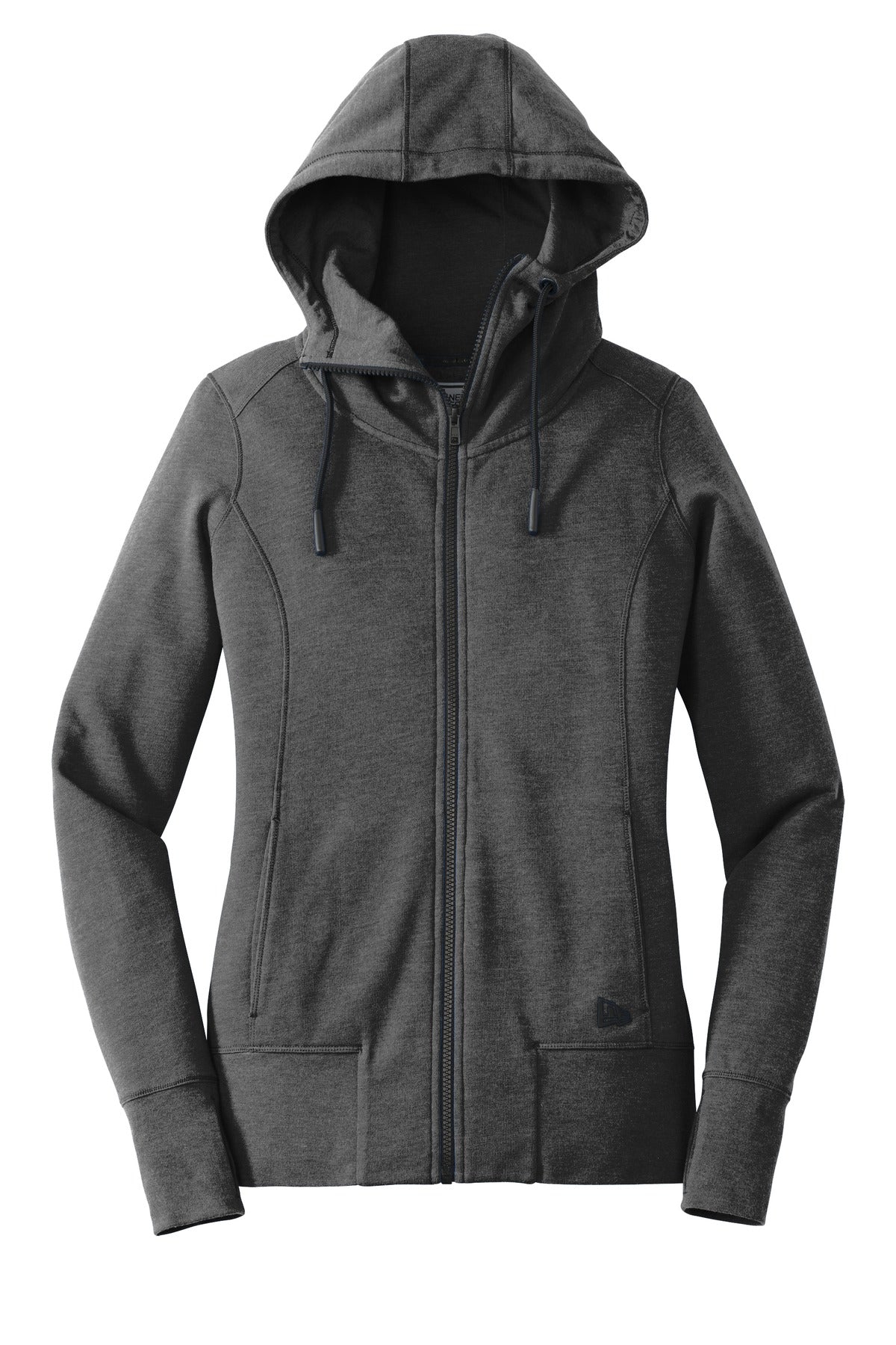 New Era Women's Tri-Blend Fleece Full-Zip Hoodie – Black Heather – flat front
