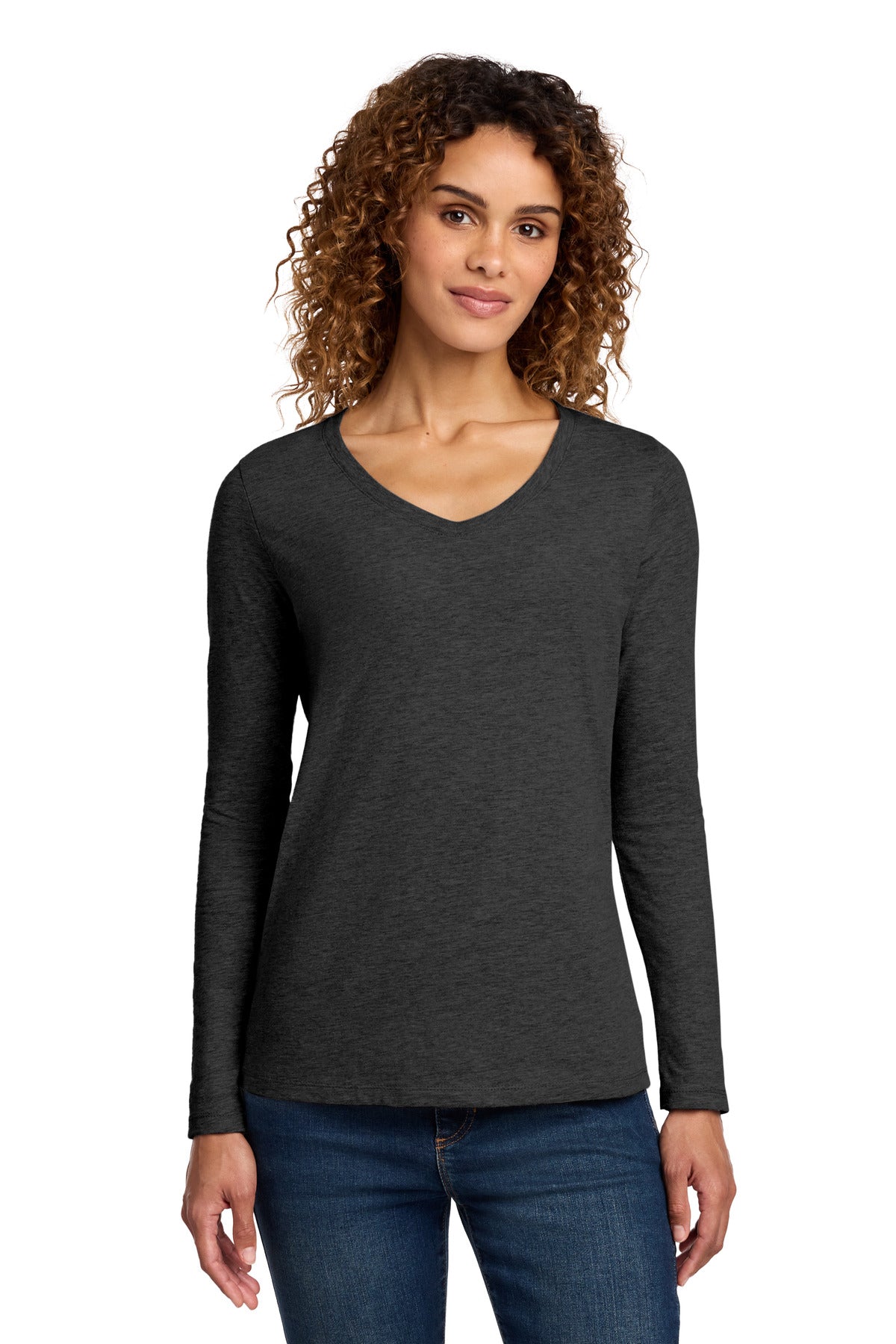 Port & Company Women's Long Sleeve Fan Favorite V-Neck Tee – Dark Heather Grey