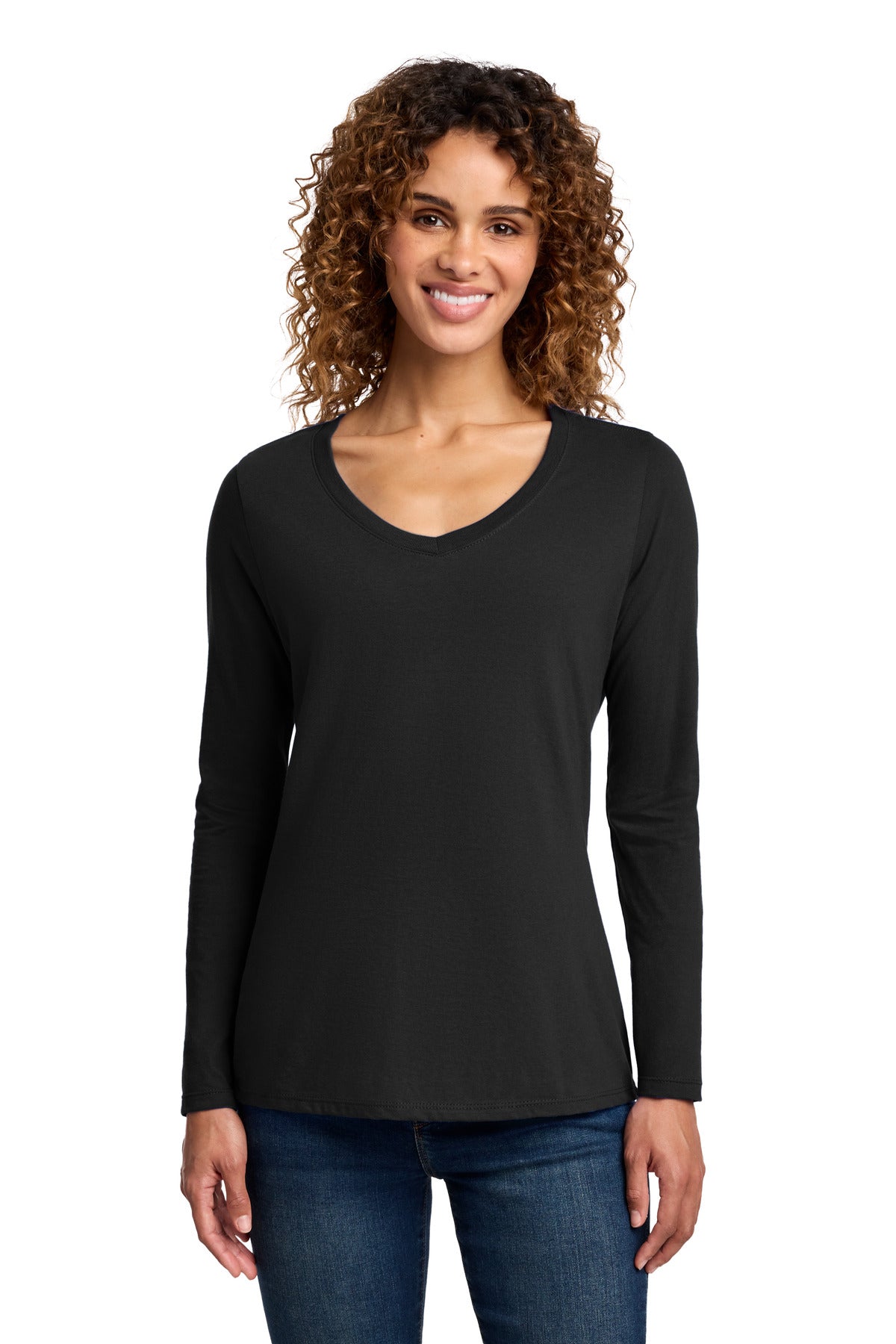 Port & Company Women's Long Sleeve Fan Favorite V-Neck Tee – Jet Black