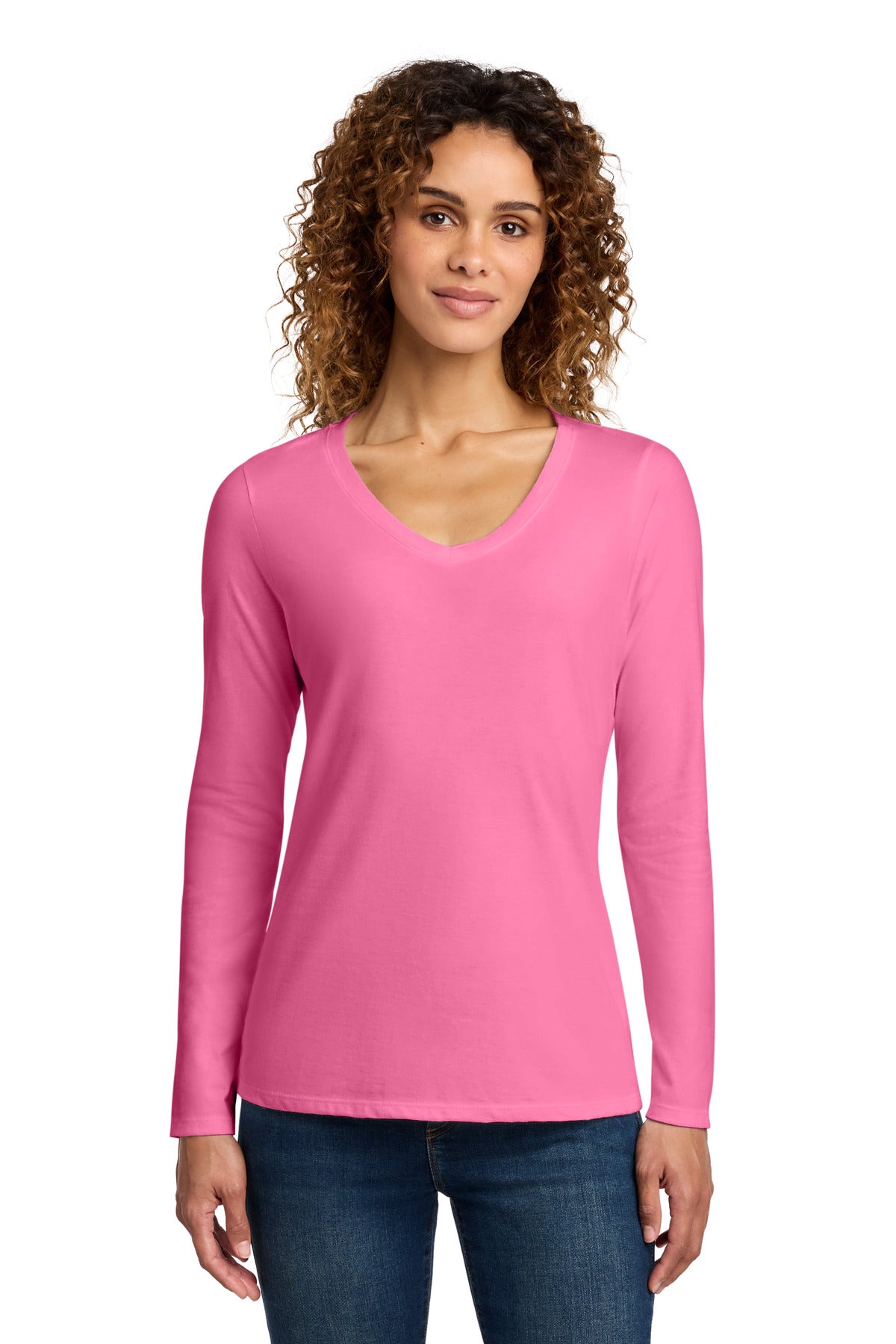 Port & Company Women's Long Sleeve Fan Favorite V-Neck Tee – New Pink