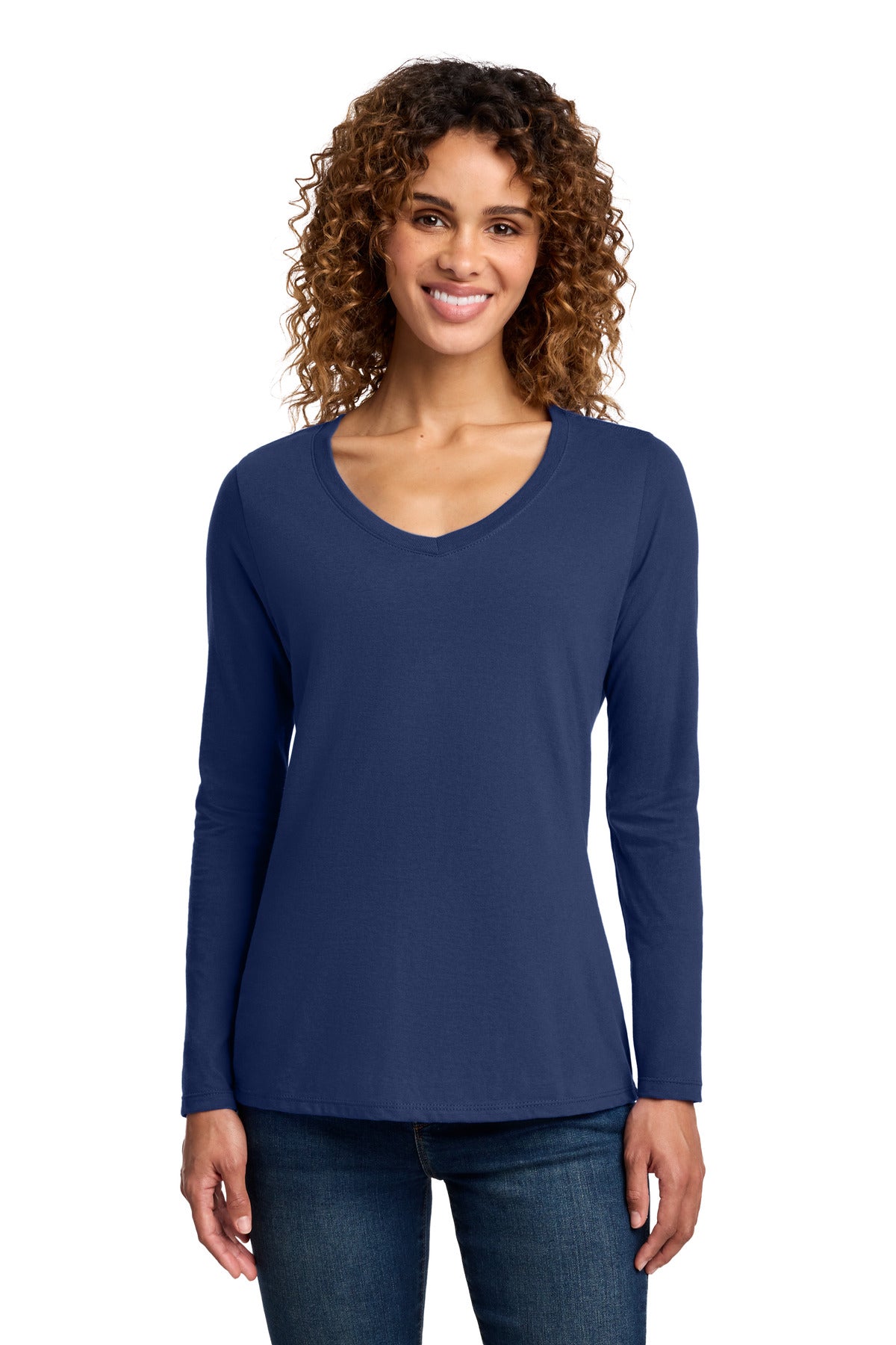 Port & Company Women's Long Sleeve Fan Favorite V-Neck Tee – Team Navy