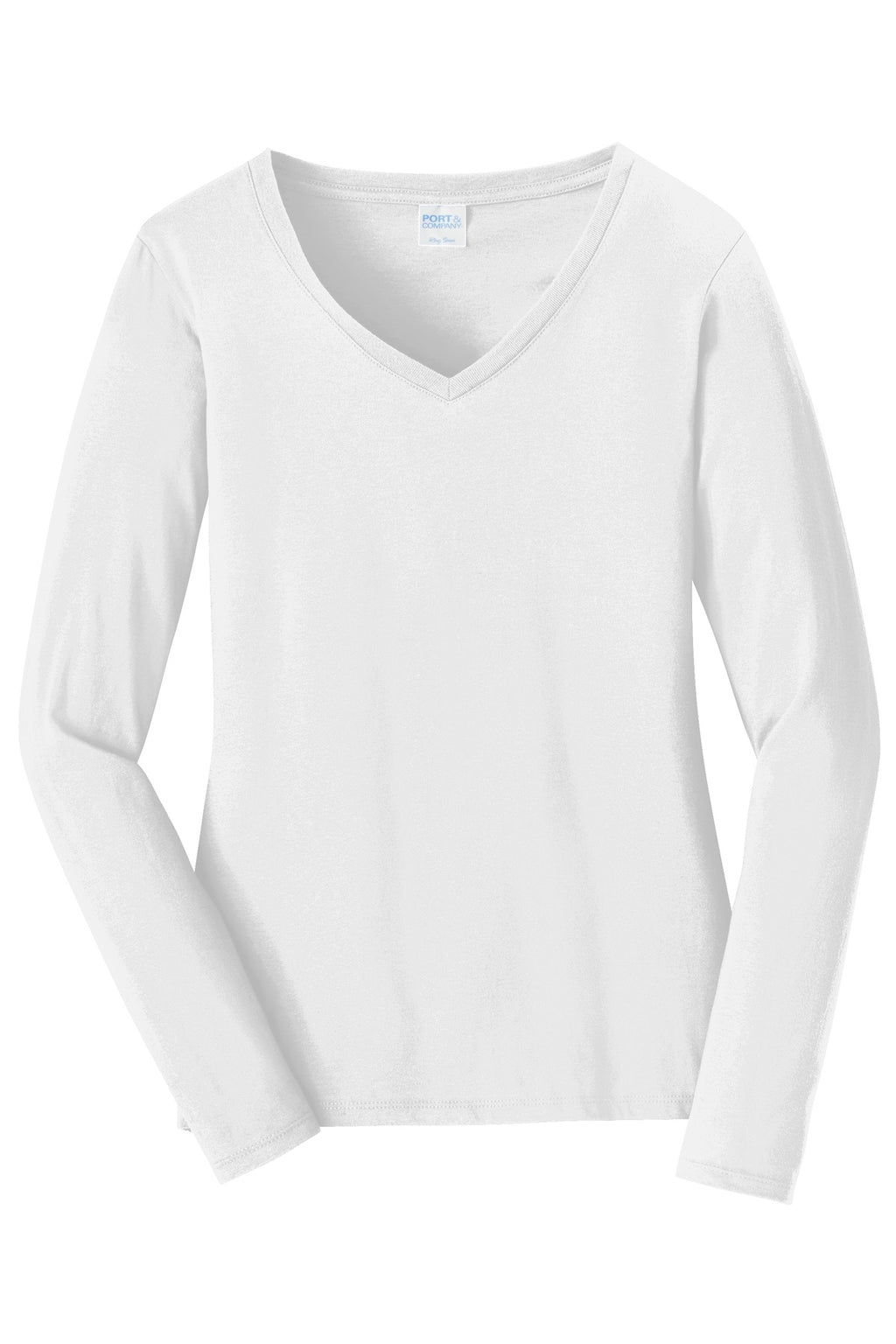Port & Company Women's Long Sleeve Fan Favorite V-Neck Tee – White – flat front