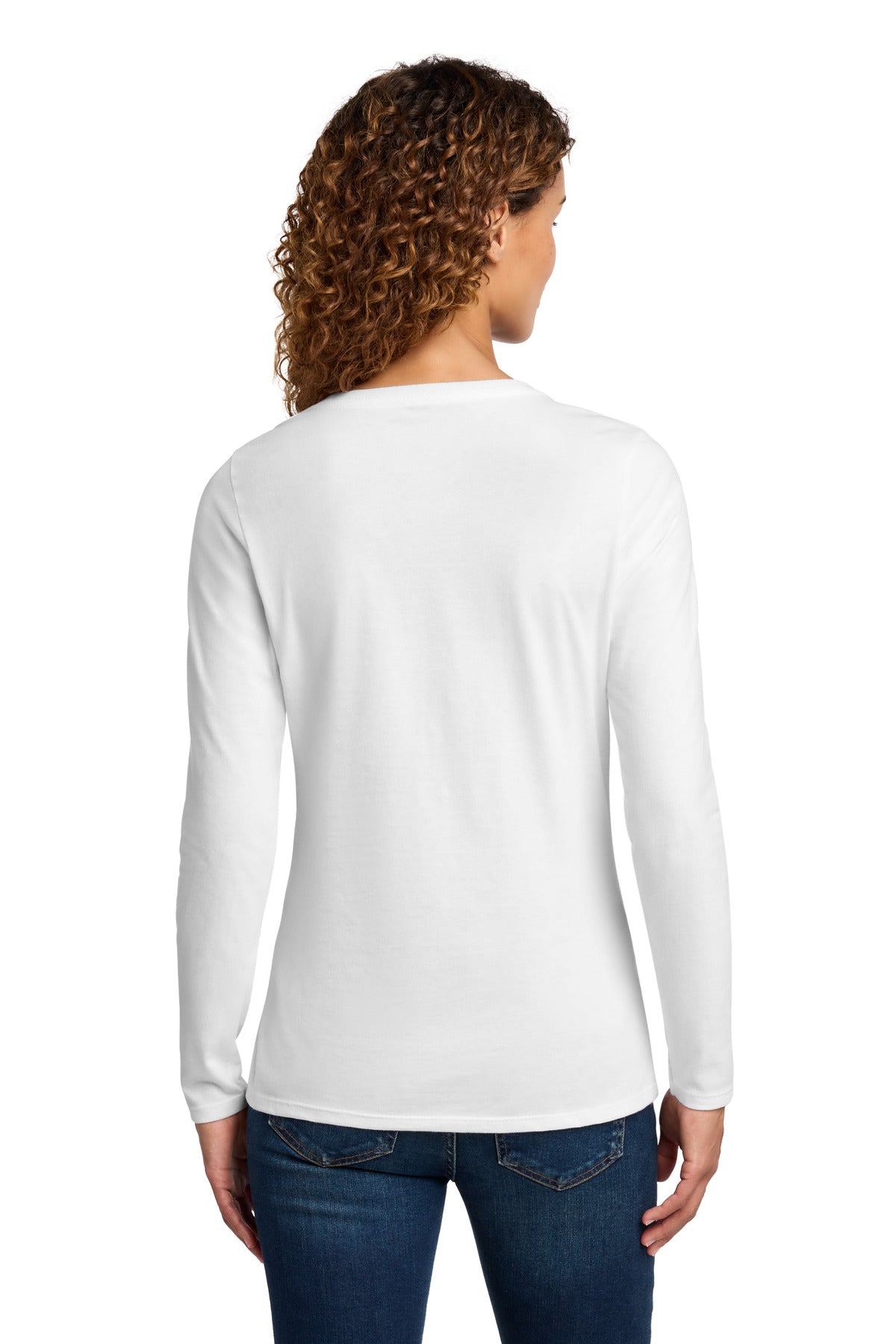 Port & Company Women's Long Sleeve Fan Favorite V-Neck Tee – White – back