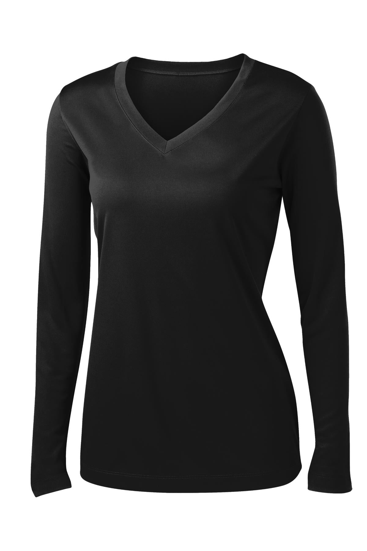 Sport-Tek Women's Long Sleeve PosiCharge Competitor V-Neck Tee – Black – flat front