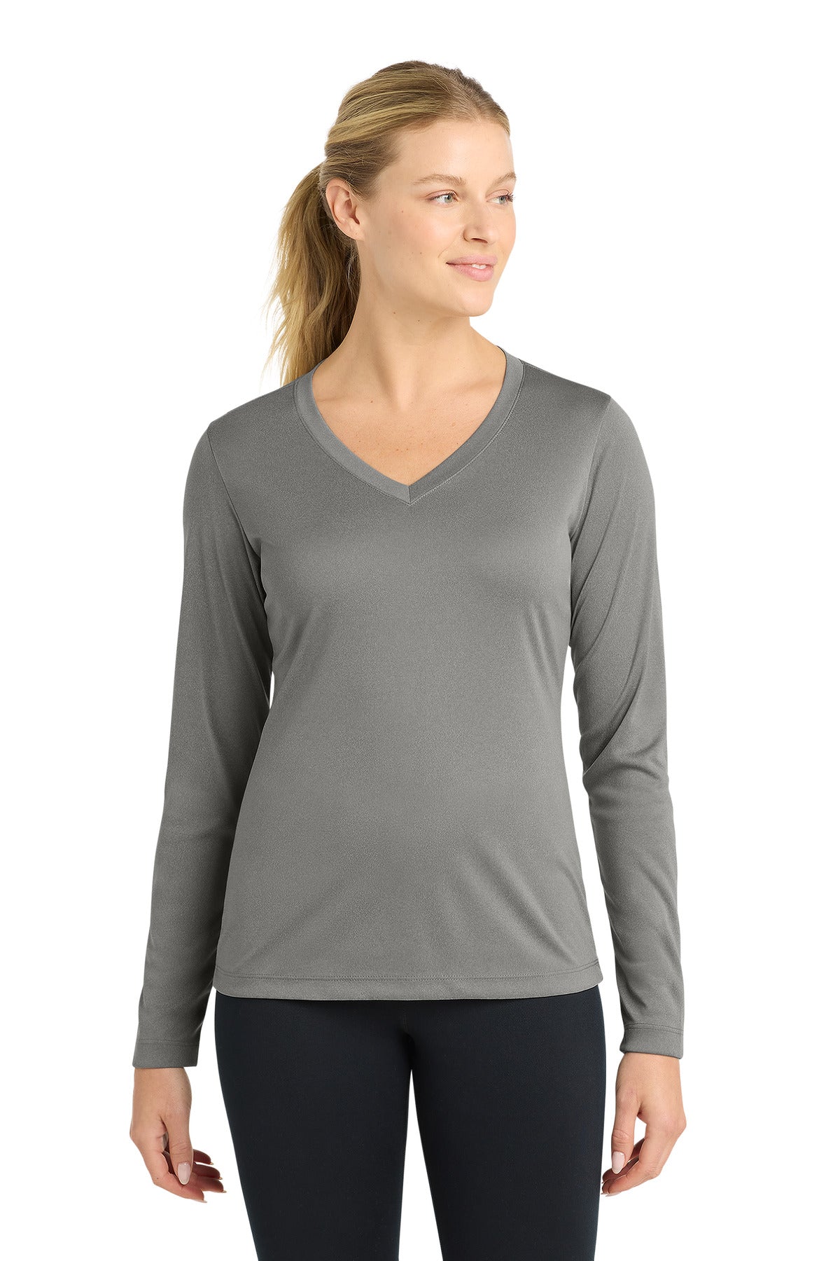 Sport-Tek Women's Long Sleeve PosiCharge Competitor V-Neck Tee – Grey Concrete Heather