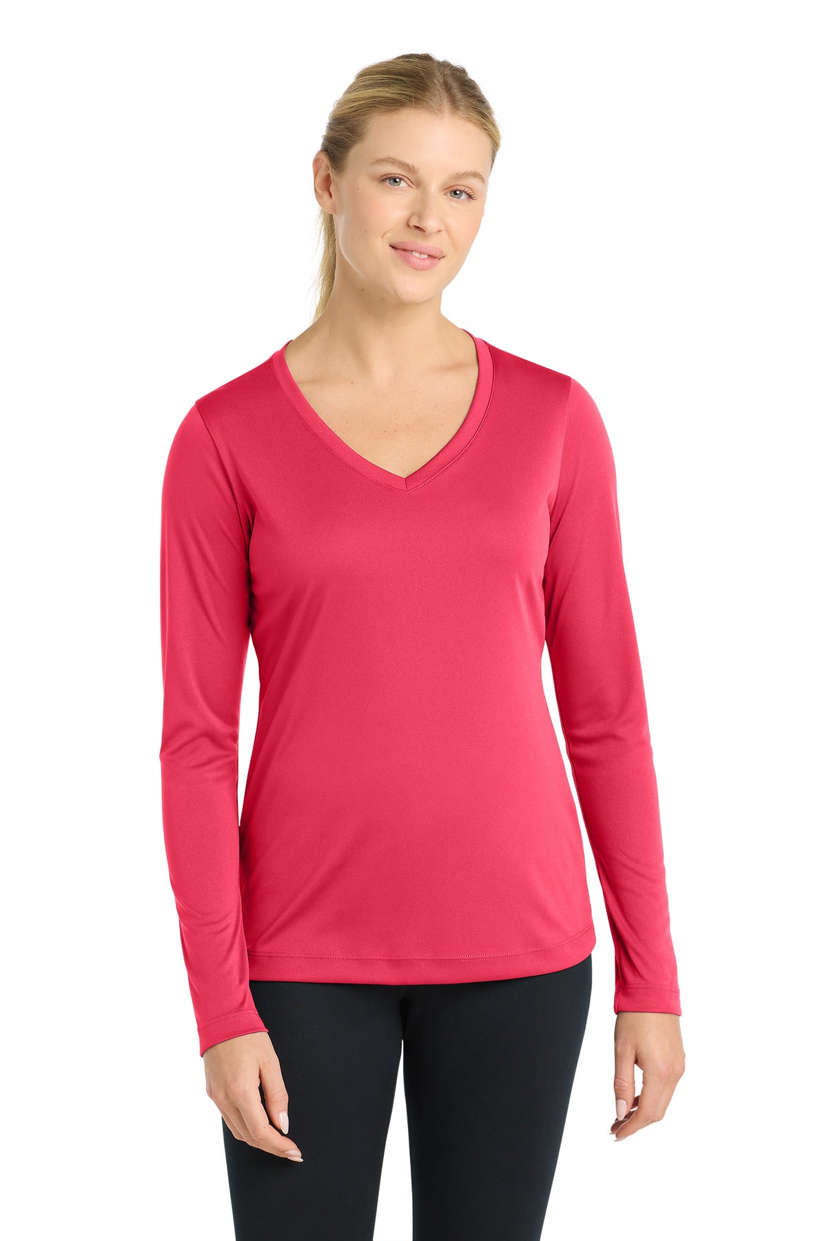 Sport-Tek Women's Long Sleeve PosiCharge Competitor V-Neck Tee – Hot Coral
