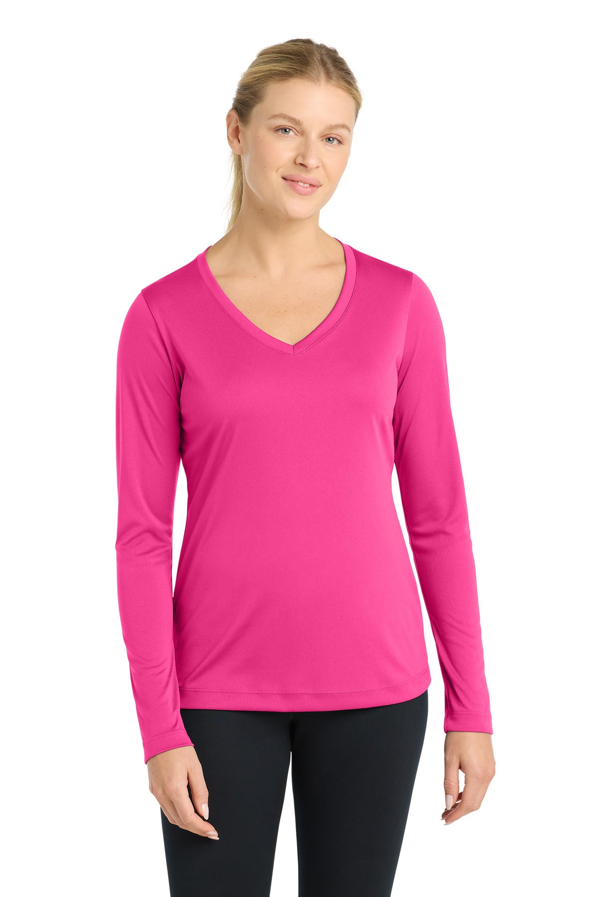 Sport-Tek Women's Long Sleeve PosiCharge Competitor V-Neck Tee – Neon Pink