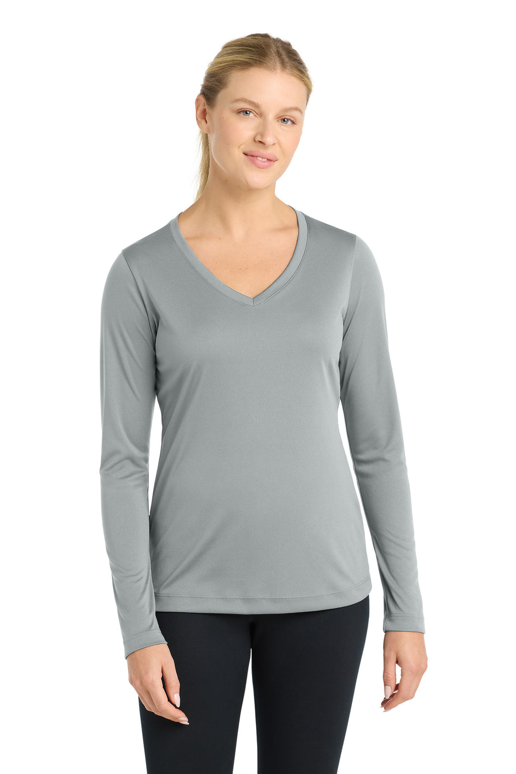Sport-Tek Women's Long Sleeve PosiCharge Competitor V-Neck Tee – Silver