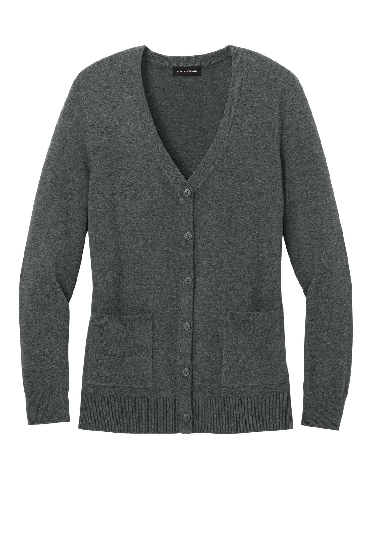 Port Authority Women's Easy Care Button-Up Cardigan Sweater – Charcoal Heather – flat front