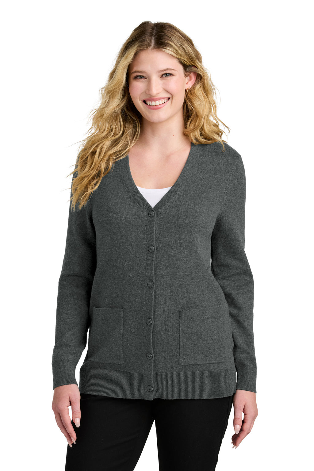 Port Authority Women's Easy Care Button-Up Cardigan Sweater – Charcoal Heather – front