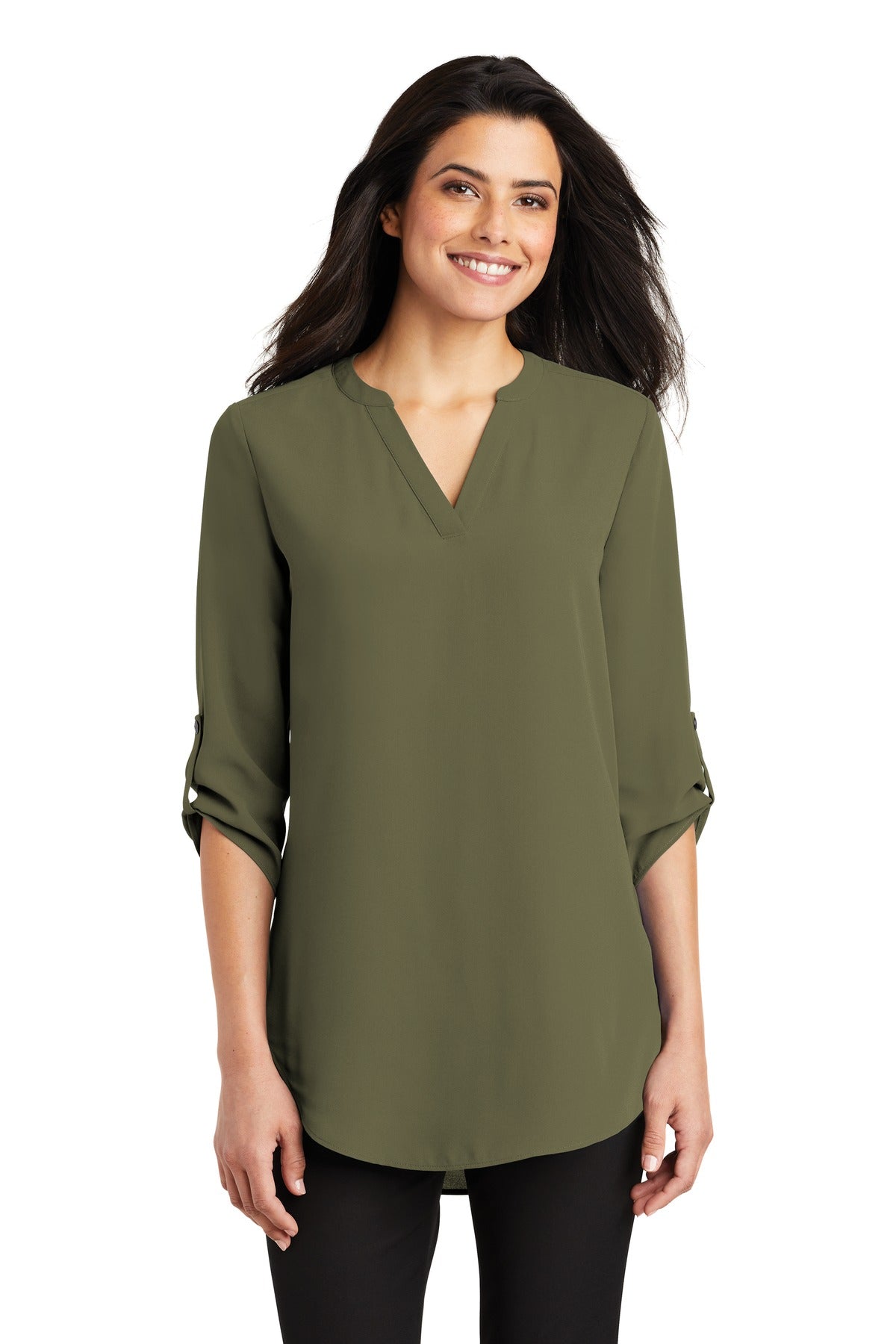 Port Authority Women's 3/4-Sleeve Tunic Blouse – Deep Olive