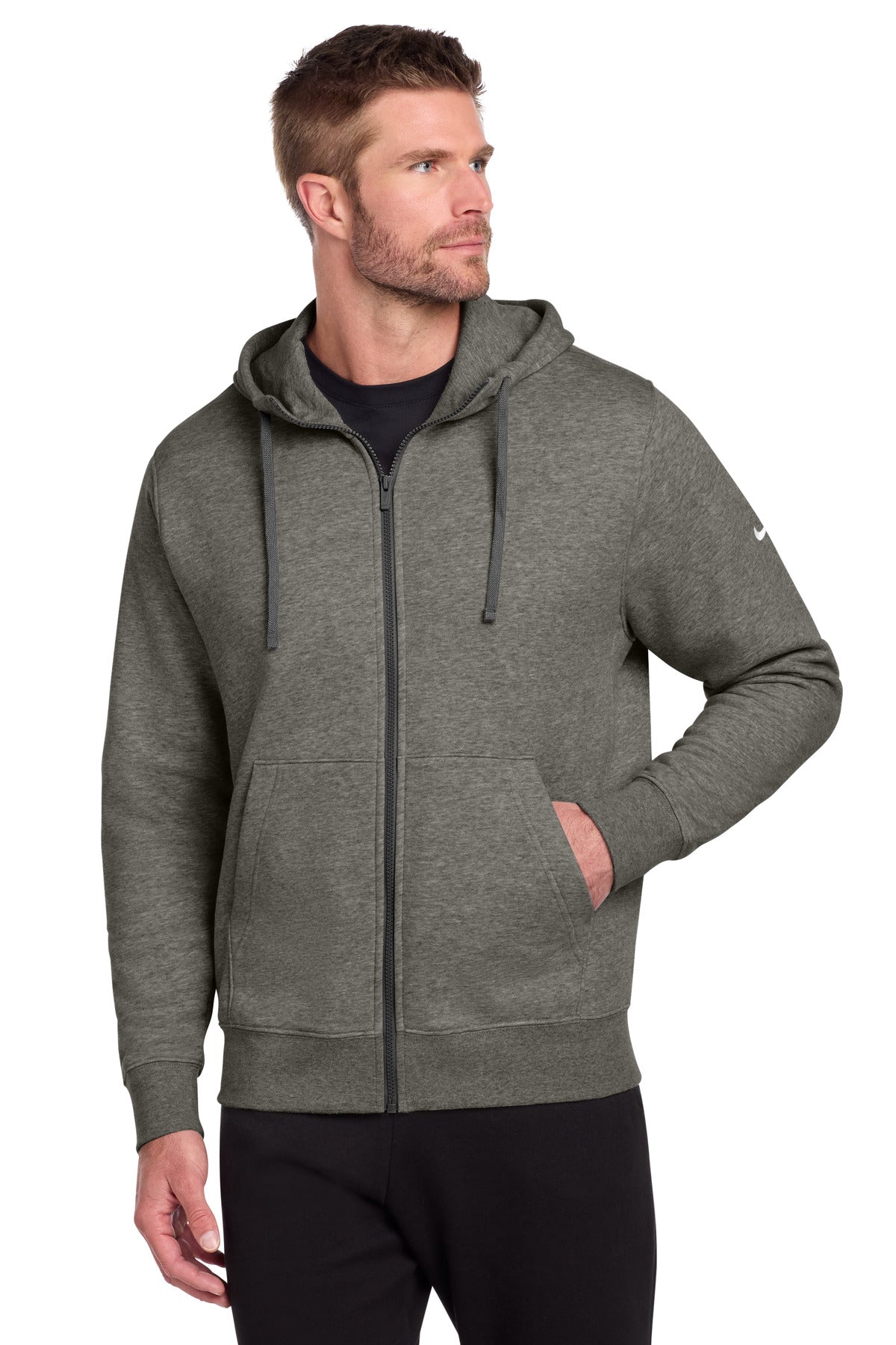 Nike Club Fleece Sleeve Swoosh Full-Zip Hoodie – Charcoal Heather – front
