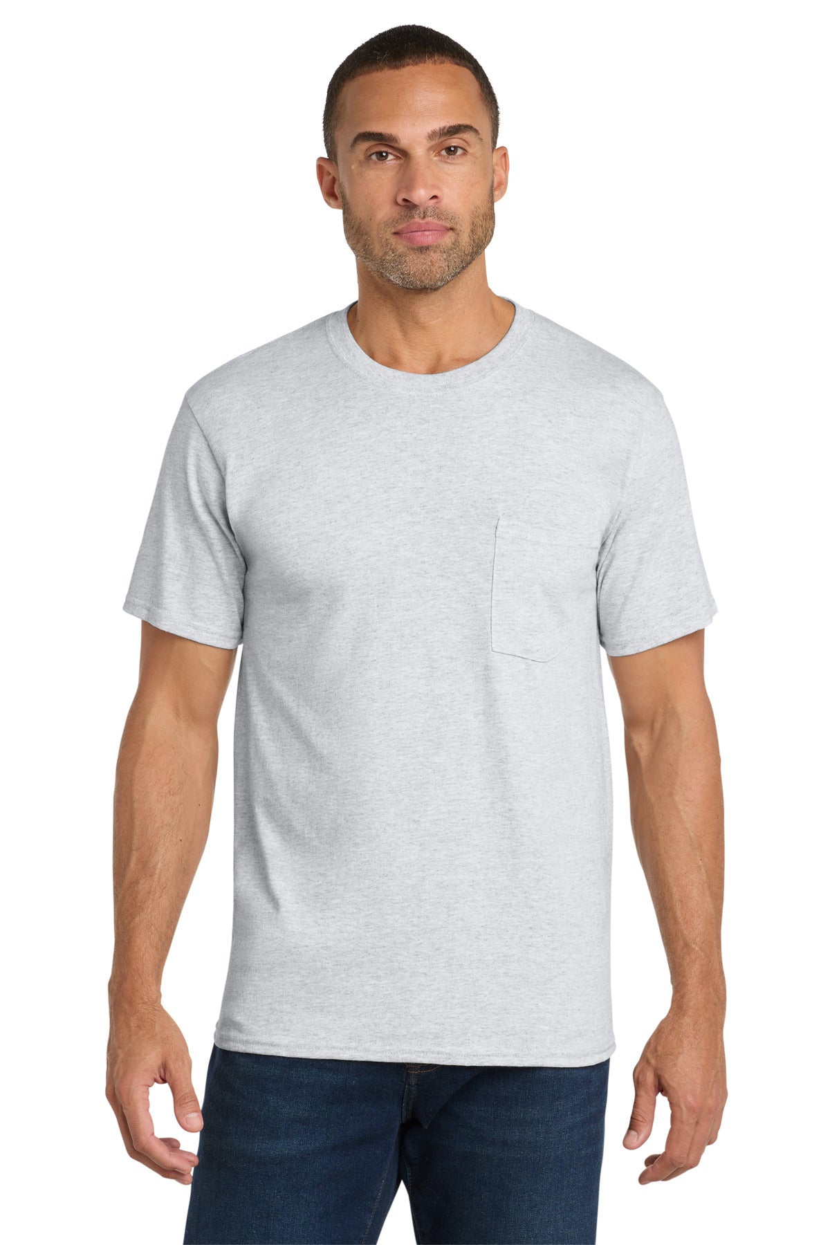 Port & Company Core Cotton Pocket Tee – Ash – front