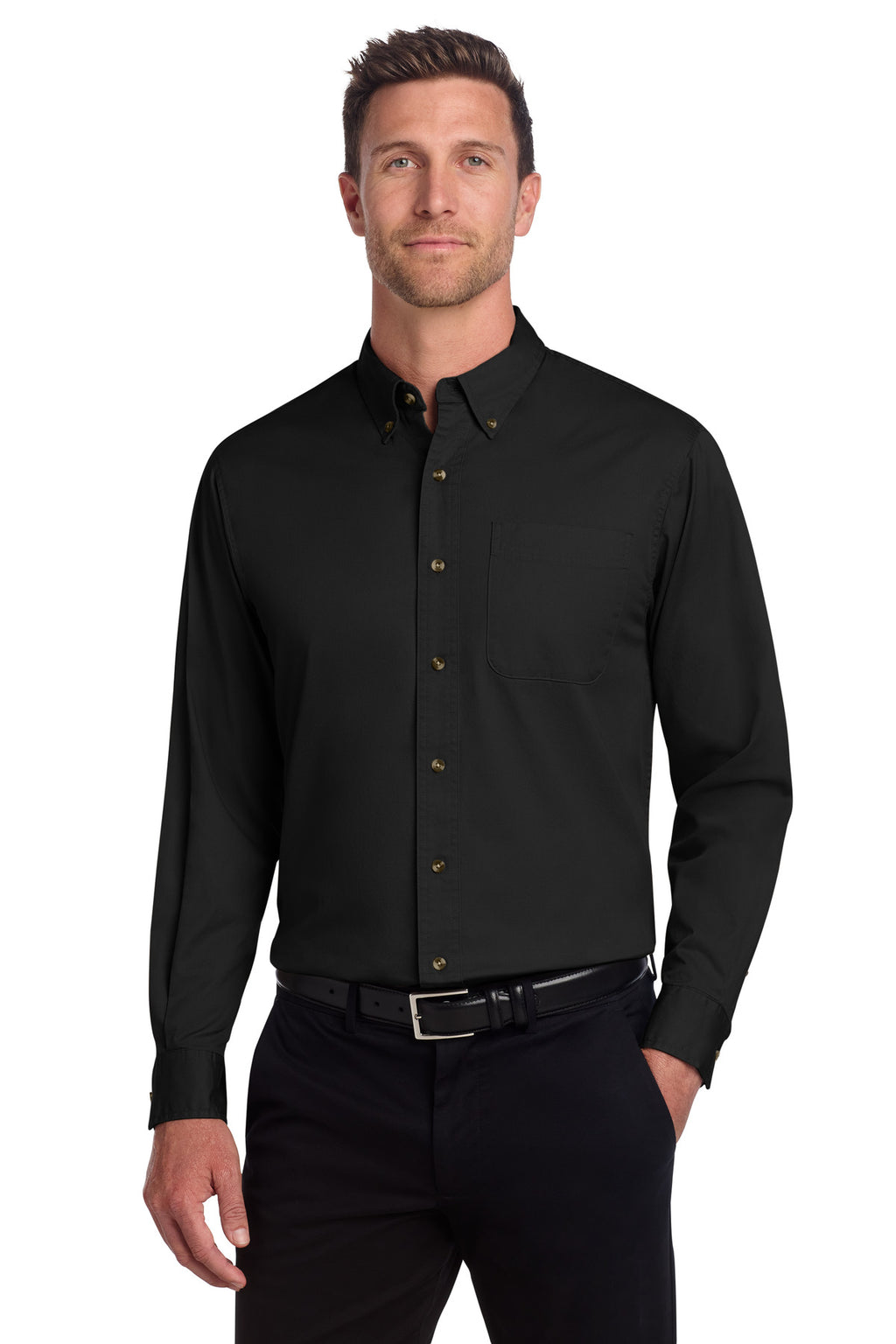Port Authority Long Sleeve Twill Shirt – Black – front