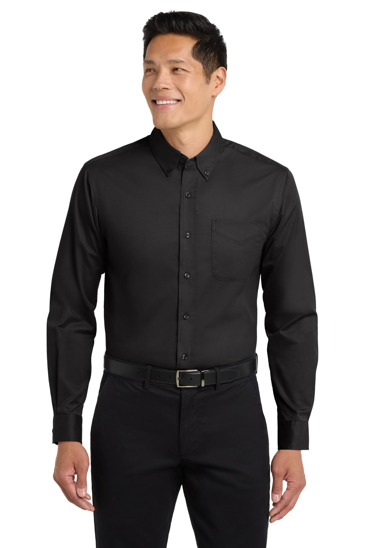 Port Authority Long Sleeve Easy Care Shirt – Black/Light Stone – front