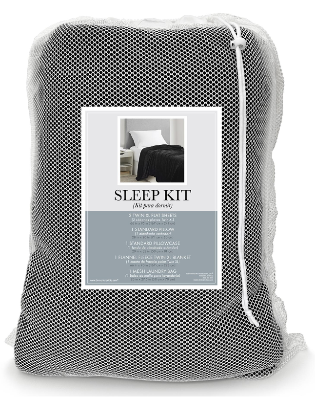 Sleep Kit, 6-Piece Poly/Cotton – 2 Twin Flat Sheets, Blanket, Pillow, Pillowcase, Laundry Bag