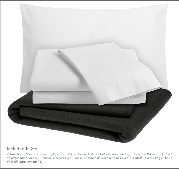 Sleep Kit, 6-Piece Poly/Cotton – 2 Twin Flat Sheets, Blanket, Pillow, Pillowcase, Laundry Bag