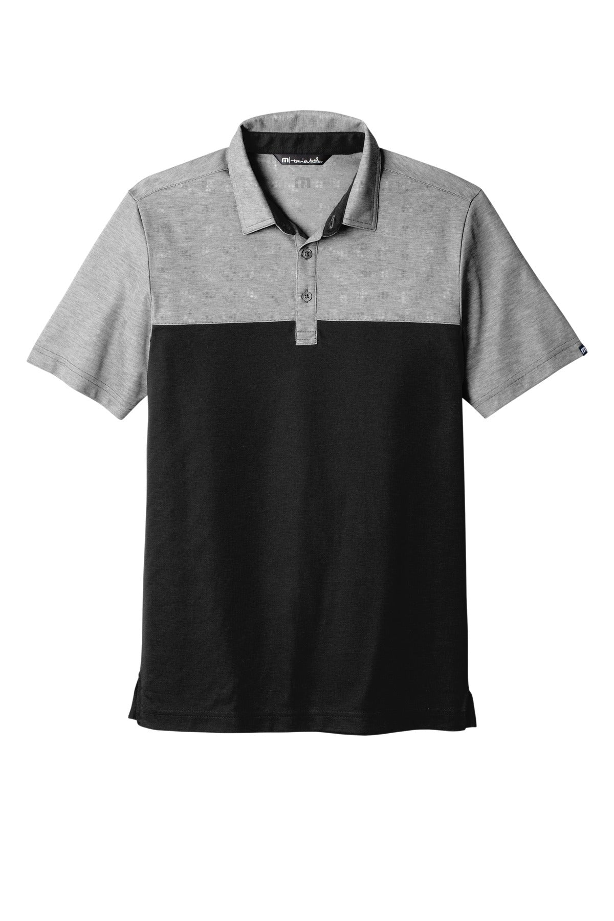 TravisMathew Oceanside Blocked Polo – Black Heather/Black – flat front