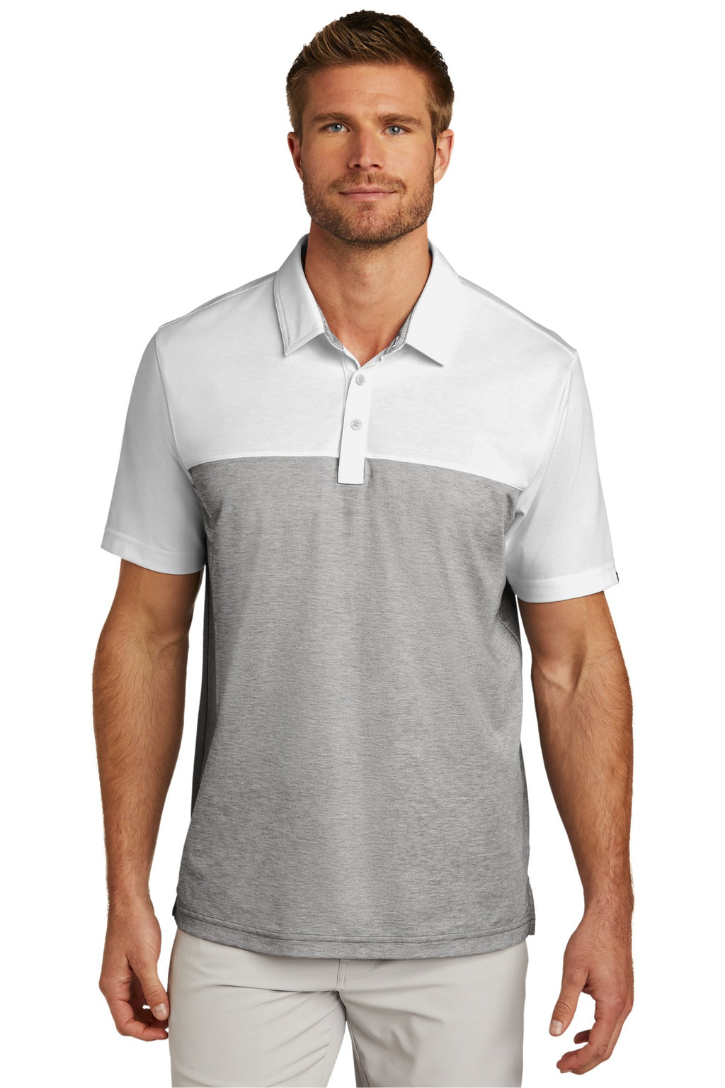 TravisMathew Oceanside Blocked Polo – White/Quiet Shade Grey Heather